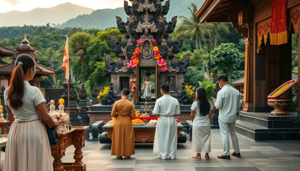 A serene scene set at a Balinese temple, showcasing a respectful gathering of visitors in modest, culturally appropriate clothing, observing sacred protocols. In the foreground, a group of four individuals, including a woman in a flowy dress and a man in light, respectful attire, are bowing before a beautifully adorned altar with traditional offerings. In the middle ground, intricate temple architecture rises majestically, decorated with detailed carvings and vibrant flora. The background reveals lush greenery typical of Bali, with distant mountains under a soft, golden hour light, creating a tranquil atmosphere. The image should capture a sense of reverence and harmony, using a soft focus lens to enhance the warm, inviting colors of the scene, conveying the importance of etiquette and cultural respect in this sacred space. A serene scene set at a Balinese temple, showcasing a respectful gathering of visitors in modest, culturally appropriate clothing, observing sacred protocols. In the foreground, a group of four individuals, including a woman in a flowy dress and a man in light, respectful attire, are bowing before a beautifully adorned altar with traditional offerings. In the middle ground, intricate temple architecture rises majestically, decorated with detailed carvings and vibrant flora. The background reveals lush greenery typical of Bali, with distant mountains under a soft, golden hour light, creating a tranquil atmosphere. The image should capture a sense of reverence and harmony, using a soft focus lens to enhance the warm, inviting colors of the scene, conveying the importance of etiquette and cultural respect in this sacred space.