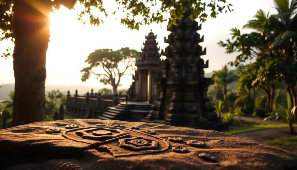 A serene temple stone, intricately carved with ancient Balinese motifs, dominates the foreground, showcasing its weathered texture and rich history. In the middle ground, the sacred site of Penataran Sasih emerges, with its towering entrance framed by lush greenery and soft, warm sunlight filtering through the trees, casting gentle shadows. The background hints at the mystical landscape of Bali, with distant hills and a soft, cloudy sky, enhancing the atmosphere of tranquility and spirituality. Capture the scene from a slightly elevated angle, as if observing the temple from a gentle hillside, to evoke a sense of awe and reverence. The mood is peaceful and reflective, inviting viewers to connect with the spiritual essence of this ancient site. A serene temple stone, intricately carved with ancient Balinese motifs, dominates the foreground, showcasing its weathered texture and rich history. In the middle ground, the sacred site of Penataran Sasih emerges, with its towering entrance framed by lush greenery and soft, warm sunlight filtering through the trees, casting gentle shadows. The background hints at the mystical landscape of Bali, with distant hills and a soft, cloudy sky, enhancing the atmosphere of tranquility and spirituality. Capture the scene from a slightly elevated angle, as if observing the temple from a gentle hillside, to evoke a sense of awe and reverence. The mood is peaceful and reflective, inviting viewers to connect with the spiritual essence of this ancient site.