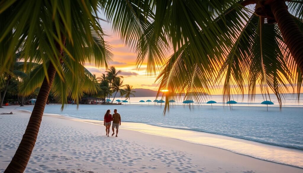 A serene tropical beach in Bali at sunset, featuring soft white sand and gentle turquoise waves lapping at the shore. In the foreground, lush green palm trees sway lightly in the breeze, framing the scene. The middle ground reveals a quiet beach dotted with colorful beach umbrellas and a few couples strolling along the shore in casual, modest summer attire, reflecting a peaceful, romantic atmosphere. The background showcases a vibrant sunset sky painted in hues of orange, pink, and purple, casting a warm glow across the landscape. The lighting is soft and golden, enhancing the tranquil mood. The scene is captured with a wide-angle lens, emphasizing the expansive beauty of the beach and the enchanting Balinese landscape, inviting viewers to experience that idyllic vacation feeling. A serene tropical beach in Bali at sunset, featuring soft white sand and gentle turquoise waves lapping at the shore. In the foreground, lush green palm trees sway lightly in the breeze, framing the scene. The middle ground reveals a quiet beach dotted with colorful beach umbrellas and a few couples strolling along the shore in casual, modest summer attire, reflecting a peaceful, romantic atmosphere. The background showcases a vibrant sunset sky painted in hues of orange, pink, and purple, casting a warm glow across the landscape. The lighting is soft and golden, enhancing the tranquil mood. The scene is captured with a wide-angle lens, emphasizing the expansive beauty of the beach and the enchanting Balinese landscape, inviting viewers to experience that idyllic vacation feeling.
