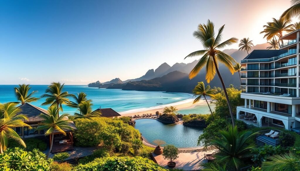 A serene tropical island scene showcasing a variety of accommodation styles in Bali. In the foreground, lush greenery surrounds a charming villa with wooden architecture and a private pool. To the left, a traditional Balinese bungalow is nestled among palm trees, while to the right, a sleek modern hotel glimmers under the sun. In the middle ground, a beautiful sandy beach stretches along the coast, framed by vibrant turquoise waters reflecting the clear blue sky. The background features dramatic volcanic hills, softly illuminated by the golden glow of the late afternoon sun, creating a warm and inviting atmosphere. The scene is captured with a wide-angle lens, emphasizing the spaciousness and beauty of this tropical escape. A serene tropical island scene showcasing a variety of accommodation styles in Bali. In the foreground, lush greenery surrounds a charming villa with wooden architecture and a private pool. To the left, a traditional Balinese bungalow is nestled among palm trees, while to the right, a sleek modern hotel glimmers under the sun. In the middle ground, a beautiful sandy beach stretches along the coast, framed by vibrant turquoise waters reflecting the clear blue sky. The background features dramatic volcanic hills, softly illuminated by the golden glow of the late afternoon sun, creating a warm and inviting atmosphere. The scene is captured with a wide-angle lens, emphasizing the spaciousness and beauty of this tropical escape.