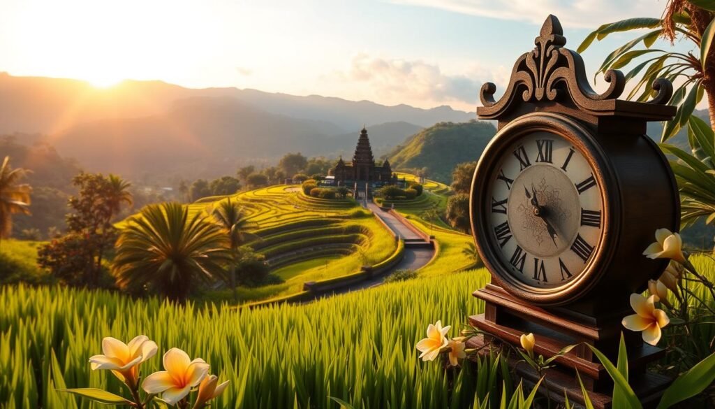 A serene tropical landscape depicting the essence of "time" in Bali, with a vibrant sunrise illuminating the scene. In the foreground, a classic Balinese wooden clock surrounded by lush green rice paddies and blooming frangipani flowers, signifying the rhythm of nature. Moving to the middle ground, a winding path leads to a picturesque temple, echoing the architectural beauty of Bali, framed by verdant hills. The background features a clear sky with gentle clouds, emphasizing the peaceful morning atmosphere. Soft, warm lighting casts gentle shadows, enhancing the tranquility of the moment. A wide-angle view captures the expansive landscape, inviting viewers to reflect on the significance of timing when planning their journeys. The overall mood is calm, inviting, and filled with a sense of adventure and exploration. A serene tropical landscape depicting the essence of "time" in Bali, with a vibrant sunrise illuminating the scene. In the foreground, a classic Balinese wooden clock surrounded by lush green rice paddies and blooming frangipani flowers, signifying the rhythm of nature. Moving to the middle ground, a winding path leads to a picturesque temple, echoing the architectural beauty of Bali, framed by verdant hills. The background features a clear sky with gentle clouds, emphasizing the peaceful morning atmosphere. Soft, warm lighting casts gentle shadows, enhancing the tranquility of the moment. A wide-angle view captures the expansive landscape, inviting viewers to reflect on the significance of timing when planning their journeys. The overall mood is calm, inviting, and filled with a sense of adventure and exploration.