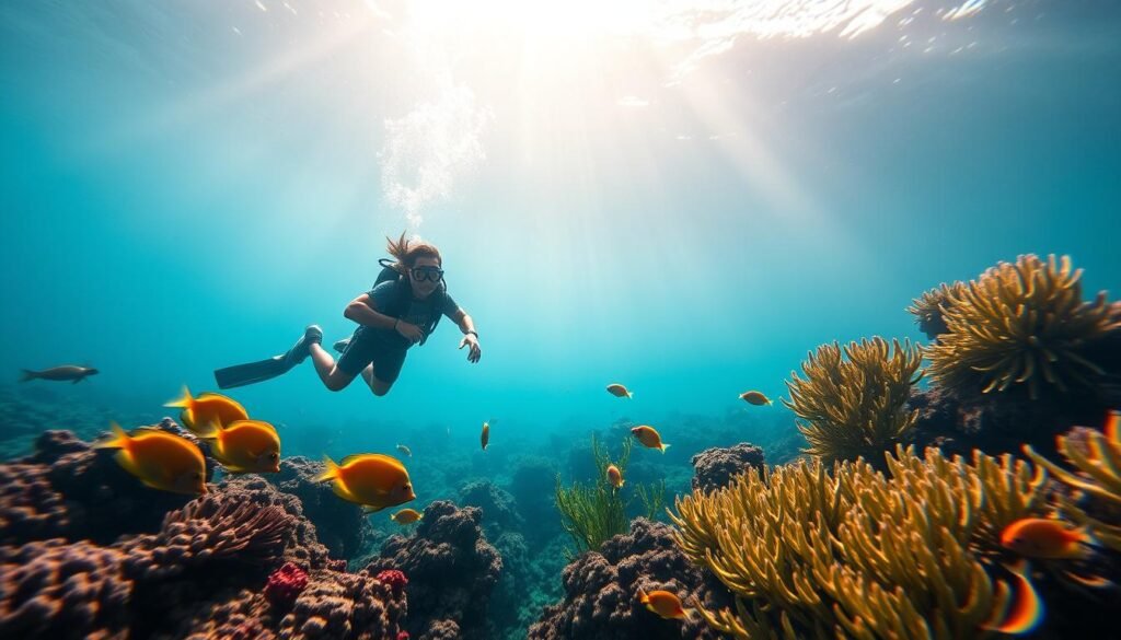 A serene underwater scene of scuba diving in the crystal-clear waters of Bali, showcasing vibrant coral reefs and an array of colorful marine life. In the foreground, a diver in modest casual attire swims gracefully, examining a school of tropical fish. In the middle ground, lush underwater plants sway gently with the current, while a small sea turtle glides past. The background features the sun's rays filtering down from the surface, creating a tranquil and ethereal atmosphere. The composition captures the beauty of Bali's marine ecosystem, emphasizing tranquility and the allure of diving in these calm, pristine waters. The lighting is warm and inviting, highlighting the vivid colors of the coral and marine life. A serene underwater scene of scuba diving in the crystal-clear waters of Bali, showcasing vibrant coral reefs and an array of colorful marine life. In the foreground, a diver in modest casual attire swims gracefully, examining a school of tropical fish. In the middle ground, lush underwater plants sway gently with the current, while a small sea turtle glides past. The background features the sun's rays filtering down from the surface, creating a tranquil and ethereal atmosphere. The composition captures the beauty of Bali's marine ecosystem, emphasizing tranquility and the allure of diving in these calm, pristine waters. The lighting is warm and inviting, highlighting the vivid colors of the coral and marine life.
