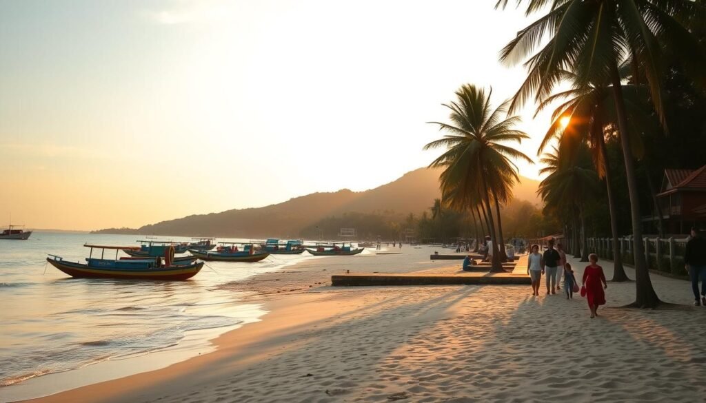 A serene view of Sanur Beach in Bali at sunrise, capturing calm, turquoise waters gently lapping against the shore. In the foreground, a soft sandy beach with families enjoying a morning stroll along a well-maintained promenade, dotted with palm trees for shade. In the middle, colorful local fishing boats bobbing gently at anchor, creating a lively and inviting atmosphere. The background features lush green hills rising gently and some traditional Balinese architecture peeking through the foliage, all bathed in warm, golden sunlight. The lens captures a wide-angle view to encompass the tranquil beauty and inviting nature of the scene, conveying a peaceful and family-friendly atmosphere. A serene view of Sanur Beach in Bali at sunrise, capturing calm, turquoise waters gently lapping against the shore. In the foreground, a soft sandy beach with families enjoying a morning stroll along a well-maintained promenade, dotted with palm trees for shade. In the middle, colorful local fishing boats bobbing gently at anchor, creating a lively and inviting atmosphere. The background features lush green hills rising gently and some traditional Balinese architecture peeking through the foliage, all bathed in warm, golden sunlight. The lens captures a wide-angle view to encompass the tranquil beauty and inviting nature of the scene, conveying a peaceful and family-friendly atmosphere.