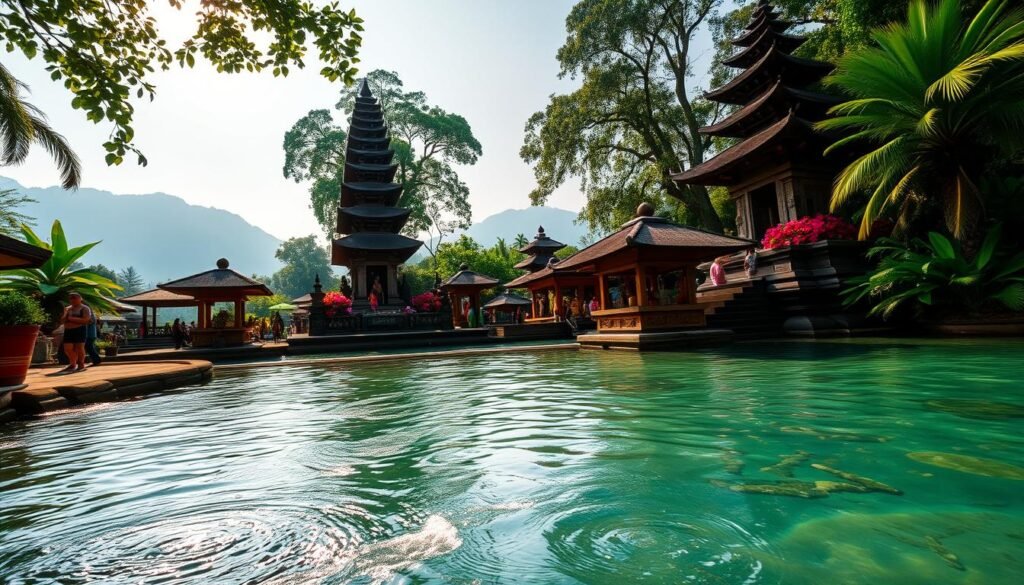 A serene view of Tirta Empul temple in Bali, showcasing the beautiful purification springs at the forefront, with crystal-clear water flowing gently amidst lush tropical greenery. In the middle ground, intricately carved stone structures and traditional Balinese architecture rise, adorned with vibrant offerings and colorful flowers. The background features majestic trees and a distant view of misty mountains, under a soft golden light of early morning, creating a tranquil atmosphere. The angle captures the depth of the temple complex, highlighting the sacredness of the site. The scene embodies a sense of spirituality and peace, inviting contemplation and reflection. The image should be vibrant, yet calming, without any people present, ensuring a focus on the temple's beauty and significance. A serene view of Tirta Empul temple in Bali, showcasing the beautiful purification springs at the forefront, with crystal-clear water flowing gently amidst lush tropical greenery. In the middle ground, intricately carved stone structures and traditional Balinese architecture rise, adorned with vibrant offerings and colorful flowers. The background features majestic trees and a distant view of misty mountains, under a soft golden light of early morning, creating a tranquil atmosphere. The angle captures the depth of the temple complex, highlighting the sacredness of the site. The scene embodies a sense of spirituality and peace, inviting contemplation and reflection. The image should be vibrant, yet calming, without any people present, ensuring a focus on the temple's beauty and significance.