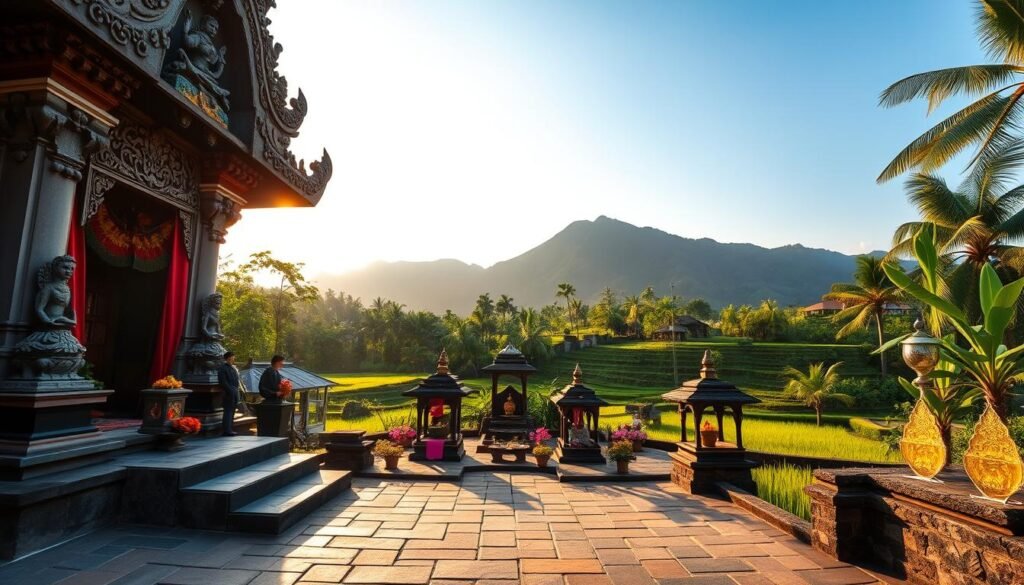 A serene view of a traditional Balinese temple complex surrounded by verdant rice terraces and lush tropical vegetation. In the foreground, a detailed stone pathway leads to the intricately carved temple entrance, showcasing ornate sculptures and vibrant offerings. The middle ground features several small ceremonial shrines, adorned with colorful fabrics and fragrant flowers, reflecting Bali's rich spiritual culture. In the background, majestic volcanic hills rise beneath a soft blue sky, illuminated by warm, golden afternoon sunlight. The atmosphere is peaceful and inviting, perfect for exploration and cultural appreciation. Capture this scene with a wide-angle lens, accentuating the grandeur of the temple architecture and the surrounding lush landscape, evoking a sense of history and spirituality. A serene view of a traditional Balinese temple complex surrounded by verdant rice terraces and lush tropical vegetation. In the foreground, a detailed stone pathway leads to the intricately carved temple entrance, showcasing ornate sculptures and vibrant offerings. The middle ground features several small ceremonial shrines, adorned with colorful fabrics and fragrant flowers, reflecting Bali's rich spiritual culture. In the background, majestic volcanic hills rise beneath a soft blue sky, illuminated by warm, golden afternoon sunlight. The atmosphere is peaceful and inviting, perfect for exploration and cultural appreciation. Capture this scene with a wide-angle lens, accentuating the grandeur of the temple architecture and the surrounding lush landscape, evoking a sense of history and spirituality.