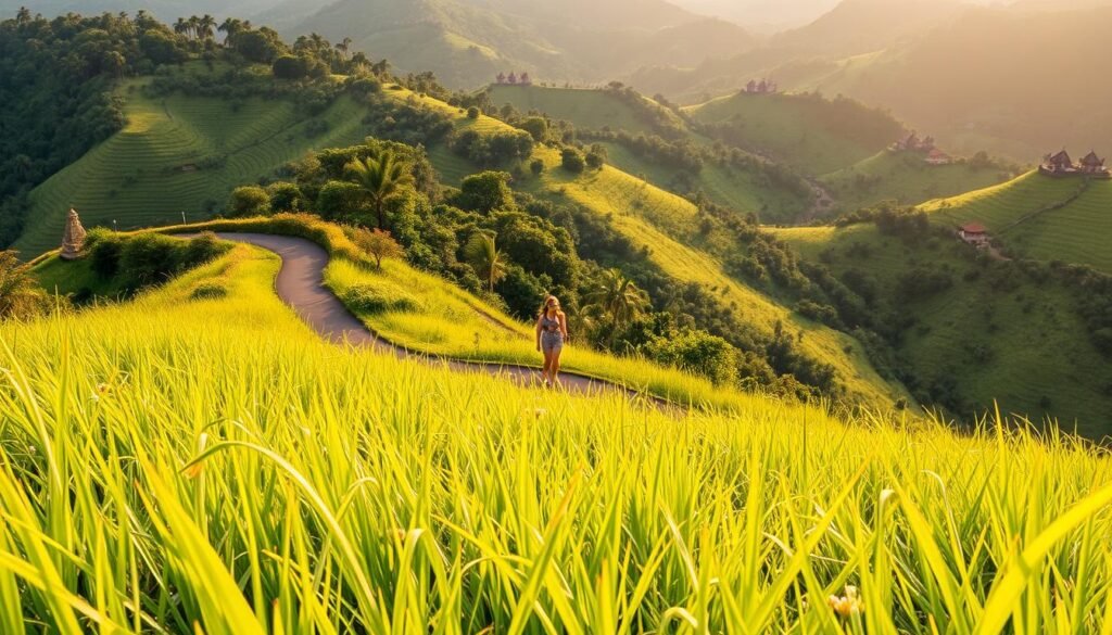 A serene view of the Campuhan Ridge Walk in Ubud, Bali. In the foreground, lush green grass gently sways in the breeze, dotted with tropical flowers. The middle ground showcases a winding path, invitingly meandering through the vibrant landscape, with a couple of people dressed in modest casual clothing walking hand-in-hand, enjoying the scenery. In the background, the undulating hills are cloaked in rich greenery, with occasional glimpses of ornate Balinese temples peeking through the trees. Soft, golden sunlight bathes the scene, creating a warm, inviting atmosphere. The angle captures the ridge’s expansive views and the depth of the valley, enhancing the tranquil mood of this picturesque outdoor escape, perfect for nature lovers and adventure seekers. A serene view of the Campuhan Ridge Walk in Ubud, Bali. In the foreground, lush green grass gently sways in the breeze, dotted with tropical flowers. The middle ground showcases a winding path, invitingly meandering through the vibrant landscape, with a couple of people dressed in modest casual clothing walking hand-in-hand, enjoying the scenery. In the background, the undulating hills are cloaked in rich greenery, with occasional glimpses of ornate Balinese temples peeking through the trees. Soft, golden sunlight bathes the scene, creating a warm, inviting atmosphere. The angle captures the ridge’s expansive views and the depth of the valley, enhancing the tranquil mood of this picturesque outdoor escape, perfect for nature lovers and adventure seekers.