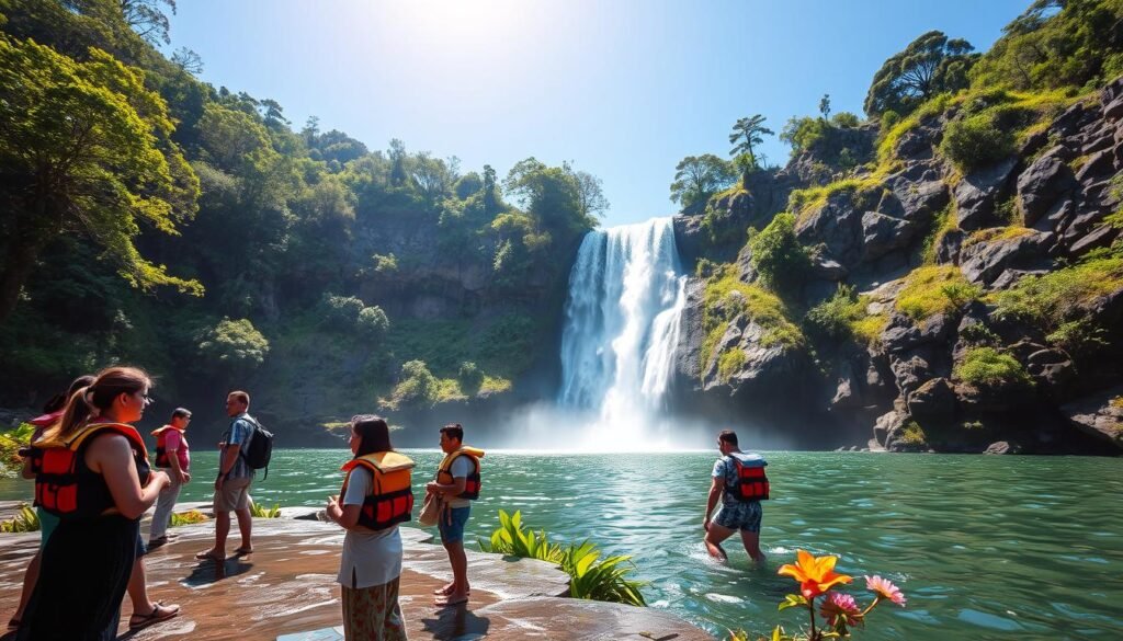 A serene waterfall scene in Bali, capturing both beauty and respect for nature. In the foreground, a small group of diverse individuals, dressed in modest casual clothing, enjoy the scenic view while adhering to water safety guidelines, such as wearing life jackets and following designated paths. In the middle ground, the majestic waterfall cascades over lush, green cliffs, surrounded by tropical plants and vibrant flowers. The background features high, rocky terrain under a clear blue sky, with soft sunlight filtering through the trees, creating dappled light on the water's surface. The mood is calm and respectful, emphasizing the importance of safety and etiquette in natural sacred sites. Ideal lighting for a bright afternoon, wide-angle perspective to capture the grandeur. A serene waterfall scene in Bali, capturing both beauty and respect for nature. In the foreground, a small group of diverse individuals, dressed in modest casual clothing, enjoy the scenic view while adhering to water safety guidelines, such as wearing life jackets and following designated paths. In the middle ground, the majestic waterfall cascades over lush, green cliffs, surrounded by tropical plants and vibrant flowers. The background features high, rocky terrain under a clear blue sky, with soft sunlight filtering through the trees, creating dappled light on the water's surface. The mood is calm and respectful, emphasizing the importance of safety and etiquette in natural sacred sites. Ideal lighting for a bright afternoon, wide-angle perspective to capture the grandeur.
