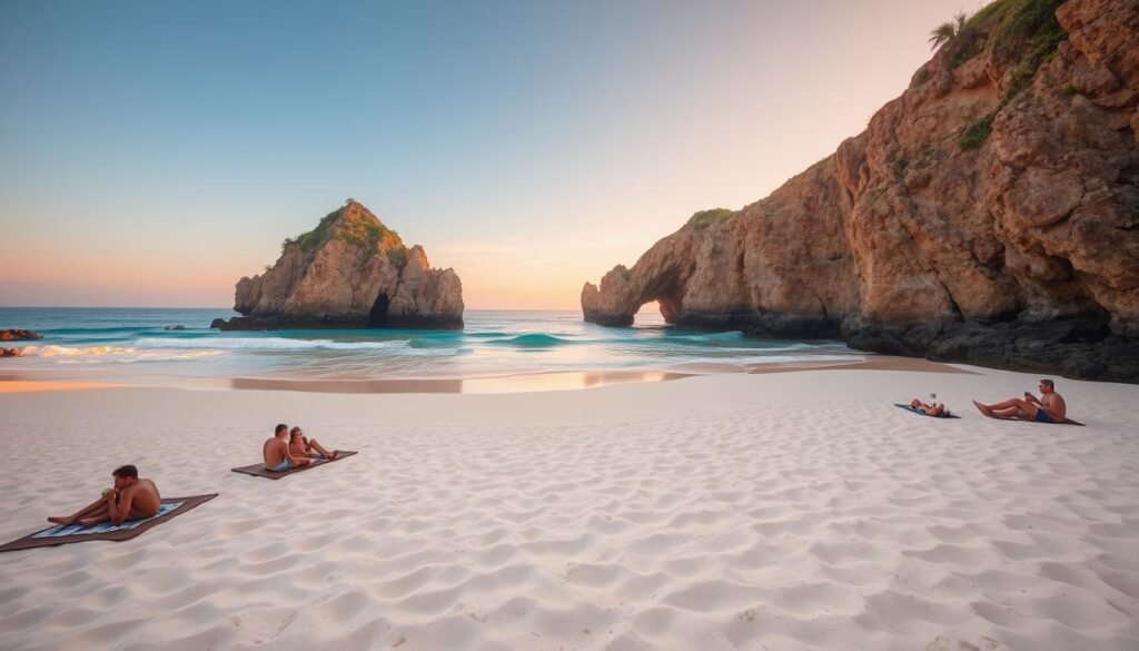 A stunning Uluwatu beach scene during golden hour, showcasing soft, white sand contrasted with vibrant turquoise waves gently lapping at the shore. In the foreground, a few beachgoers in modest, casual attire enjoy the serene environment, perhaps lounging on beach mats and sipping drinks. The middle of the image features elegant, rocky cliffs framing the beach, their rugged textures illuminated by the warm sunset light. In the background, a clear sky transitions from blue to shades of orange and pink, reflecting the tranquil, relaxed atmosphere. Capture the essence of paradise with a wide-angle view that emphasizes the breathtaking beauty of this idyllic coastal location, invoking a sense of peace and bliss. A stunning Uluwatu beach scene during golden hour, showcasing soft, white sand contrasted with vibrant turquoise waves gently lapping at the shore. In the foreground, a few beachgoers in modest, casual attire enjoy the serene environment, perhaps lounging on beach mats and sipping drinks. The middle of the image features elegant, rocky cliffs framing the beach, their rugged textures illuminated by the warm sunset light. In the background, a clear sky transitions from blue to shades of orange and pink, reflecting the tranquil, relaxed atmosphere. Capture the essence of paradise with a wide-angle view that emphasizes the breathtaking beauty of this idyllic coastal location, invoking a sense of peace and bliss.