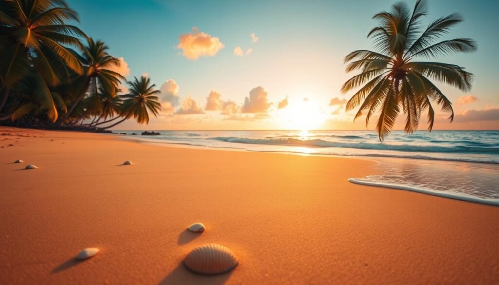 A stunning beach at sunrise, capturing the serene beauty of early morning light. In the foreground, soft golden sand stretches wide, dotted with gentle waves lapping at the shore. A few scattered seashells add detail to the tranquil scene. In the middle ground, the ocean reflects a palette of pastel colors—pink, orange, and turquoise—while a few fluffy clouds catch the soft light of the rising sun. In the background, lush palm trees frame the horizon, silhouetted against the brightening sky. The atmosphere is peaceful and inviting, evoking a sense of calm and inspiration. Shot with a wide-angle lens to emphasize the vastness of the beach, ensuring the lighting is warm and soft, creating a dreamy quality. A stunning beach at sunrise, capturing the serene beauty of early morning light. In the foreground, soft golden sand stretches wide, dotted with gentle waves lapping at the shore. A few scattered seashells add detail to the tranquil scene. In the middle ground, the ocean reflects a palette of pastel colors—pink, orange, and turquoise—while a few fluffy clouds catch the soft light of the rising sun. In the background, lush palm trees frame the horizon, silhouetted against the brightening sky. The atmosphere is peaceful and inviting, evoking a sense of calm and inspiration. Shot with a wide-angle lens to emphasize the vastness of the beach, ensuring the lighting is warm and soft, creating a dreamy quality.