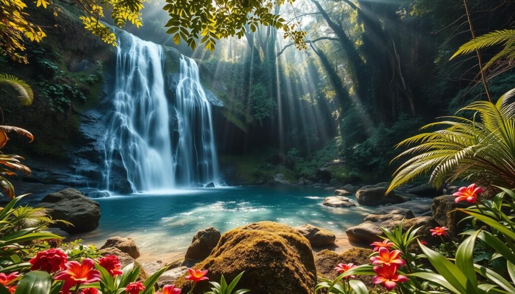 A stunning, lush waterfall cascades over steep, moss-covered rocks, surrounded by dense tropical jungle, with vibrant greenery and colorful flowers in the foreground. The middle ground features the shimmering pool at the base, inviting for a refreshing swim, with rays of sunlight filtering through the leaves, creating dappled patterns on the water's surface. In the background, towering trees and ferns provide a mysterious, serene atmosphere, hinting at the rich biodiversity of Ubud. The scene is captured with a wide-angle lens, emphasizing the grandeur of the waterfall and the depth of the jungle. Soft, warm lighting enhances the tranquil, enchanting mood, making it a perfect escape into nature. The image conveys a sense of adventure and relaxation without depicting any people. A stunning, lush waterfall cascades over steep, moss-covered rocks, surrounded by dense tropical jungle, with vibrant greenery and colorful flowers in the foreground. The middle ground features the shimmering pool at the base, inviting for a refreshing swim, with rays of sunlight filtering through the leaves, creating dappled patterns on the water's surface. In the background, towering trees and ferns provide a mysterious, serene atmosphere, hinting at the rich biodiversity of Ubud. The scene is captured with a wide-angle lens, emphasizing the grandeur of the waterfall and the depth of the jungle. Soft, warm lighting enhances the tranquil, enchanting mood, making it a perfect escape into nature. The image conveys a sense of adventure and relaxation without depicting any people.