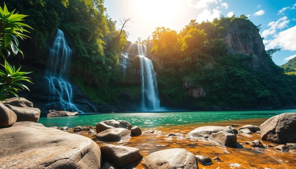 A stunning scene of a lush Bali waterfall cascading down rocky cliffs, surrounded by vibrant green foliage and tropical plants. The foreground features smooth rocks and crystal-clear pools reflecting the sunlight. In the middle ground, the waterfall pours elegantly into a serene basin, with gentle splashes creating a misty atmosphere. The background showcases towering cliffs with patches of dense jungle, under a clear blue sky with soft, white clouds. The sunlight filters through the trees, creating a warm golden glow that enhances the tranquil mood of this enchanting nature setting. Capture this scene using a wide-angle lens, emphasizing depth and perspective, to evoke a sense of adventure and serenity. A stunning scene of a lush Bali waterfall cascading down rocky cliffs, surrounded by vibrant green foliage and tropical plants. The foreground features smooth rocks and crystal-clear pools reflecting the sunlight. In the middle ground, the waterfall pours elegantly into a serene basin, with gentle splashes creating a misty atmosphere. The background showcases towering cliffs with patches of dense jungle, under a clear blue sky with soft, white clouds. The sunlight filters through the trees, creating a warm golden glow that enhances the tranquil mood of this enchanting nature setting. Capture this scene using a wide-angle lens, emphasizing depth and perspective, to evoke a sense of adventure and serenity.