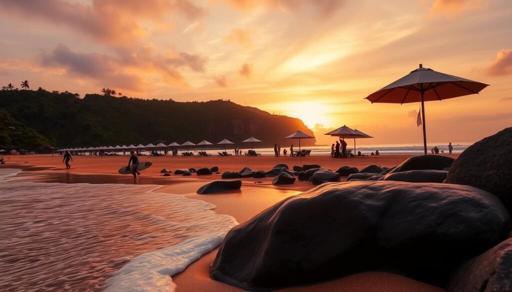 A stunning sunset scene at a southwest beach in Bali, capturing the vibrant coastline of Kuta, Legian, Seminyak, and Canggu. In the foreground, gentle waves lap against the golden sand, with a few surfers skillfully riding the swells, showcasing their colorful surfboards. The middle ground features smooth river rocks and beach umbrellas providing shade where small groups relax, enjoying the warm ambiance. The background displays lush green cliffs illuminated by the soft, warm glow of the setting sun, casting reflections on the water. The sky is painted in hues of orange, pink, and purple, creating a serene and inviting atmosphere. The composition should be taken at eye-level to immerse viewers in the stunning beach experience, emphasizing the beauty of this tropical paradise. A stunning sunset scene at a southwest beach in Bali, capturing the vibrant coastline of Kuta, Legian, Seminyak, and Canggu. In the foreground, gentle waves lap against the golden sand, with a few surfers skillfully riding the swells, showcasing their colorful surfboards. The middle ground features smooth river rocks and beach umbrellas providing shade where small groups relax, enjoying the warm ambiance. The background displays lush green cliffs illuminated by the soft, warm glow of the setting sun, casting reflections on the water. The sky is painted in hues of orange, pink, and purple, creating a serene and inviting atmosphere. The composition should be taken at eye-level to immerse viewers in the stunning beach experience, emphasizing the beauty of this tropical paradise.