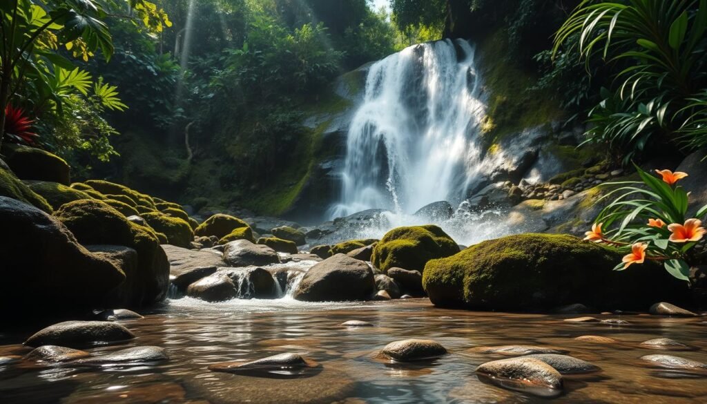 A stunning tropical waterfall cascading down moss-covered rocks, surrounded by lush green foliage and vibrant flowers. In the foreground, shimmering water pools with smooth pebbles creating a serene environment, while soft, diffused sunlight filters through the canopy overhead, casting gentle shadows. The middle ground features the waterfall tumbling dramatically, with water splashing playfully against the rocks, creating a dynamic sense of motion and energy. In the background, more dense jungle vegetation adds depth and texture to the scene, enhancing the feeling of being in a hidden paradise. The composition is shot from a low angle to emphasize the height of the waterfall, using a wide-angle lens to capture the expansive beauty of this tranquil Bali oasis. The mood is calming yet invigorating, perfect for showcasing the allure of nature's finest waterfalls. A stunning tropical waterfall cascading down moss-covered rocks, surrounded by lush green foliage and vibrant flowers. In the foreground, shimmering water pools with smooth pebbles creating a serene environment, while soft, diffused sunlight filters through the canopy overhead, casting gentle shadows. The middle ground features the waterfall tumbling dramatically, with water splashing playfully against the rocks, creating a dynamic sense of motion and energy. In the background, more dense jungle vegetation adds depth and texture to the scene, enhancing the feeling of being in a hidden paradise. The composition is shot from a low angle to emphasize the height of the waterfall, using a wide-angle lens to capture the expansive beauty of this tranquil Bali oasis. The mood is calming yet invigorating, perfect for showcasing the allure of nature's finest waterfalls.