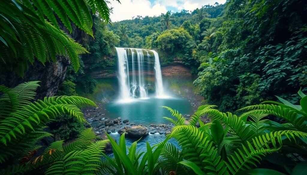 A stunning view of Leke Leke Waterfall in Bali, showcasing its cascading waters plunging down rocky cliffs. In the foreground, lush green ferns and tropical plants frame the scene, accentuating the vibrant colors of nature. The middle ground features the waterfall surrounded by moss-covered stones and a serene pool at its base, reflecting the sky's blue hues. In the background, dense jungle foliage stretches into the distance, creating a sense of seclusion and tranquility. The lighting is soft and diffused, reminiscent of late afternoon sun, enhancing the lush greenery while casting gentle shadows. This image captures the enchanting beauty and peaceful atmosphere of one of Bali's hidden waterfall gems, evoking a sense of adventure and exploration. A stunning view of Leke Leke Waterfall in Bali, showcasing its cascading waters plunging down rocky cliffs. In the foreground, lush green ferns and tropical plants frame the scene, accentuating the vibrant colors of nature. The middle ground features the waterfall surrounded by moss-covered stones and a serene pool at its base, reflecting the sky's blue hues. In the background, dense jungle foliage stretches into the distance, creating a sense of seclusion and tranquility. The lighting is soft and diffused, reminiscent of late afternoon sun, enhancing the lush greenery while casting gentle shadows. This image captures the enchanting beauty and peaceful atmosphere of one of Bali's hidden waterfall gems, evoking a sense of adventure and exploration.