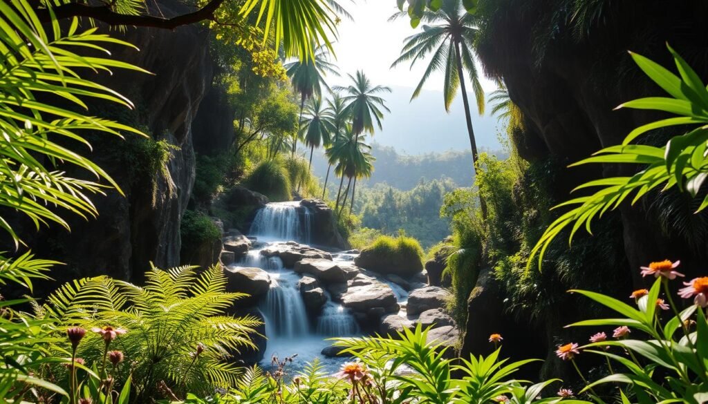 A stunning view of a hidden waterfall in North Bali, surrounded by lush tropical greenery and rocky cliffs. In the foreground, vibrant green ferns and wildflowers create a natural frame, while in the middle ground, the waterfall cascades elegantly over moss-covered boulders, creating a misty spray that catches the light. The background features tall palm trees and distant hills, bathed in soft morning sunlight filtering through the leaves, casting gentle shadows. A tranquil atmosphere invokes a sense of peace and seclusion, with cool air creating a refreshing vibe. The image captures the essence of a serene escape, showcasing the beauty of Bali's lesser-known natural gems. A stunning view of a hidden waterfall in North Bali, surrounded by lush tropical greenery and rocky cliffs. In the foreground, vibrant green ferns and wildflowers create a natural frame, while in the middle ground, the waterfall cascades elegantly over moss-covered boulders, creating a misty spray that catches the light. The background features tall palm trees and distant hills, bathed in soft morning sunlight filtering through the leaves, casting gentle shadows. A tranquil atmosphere invokes a sense of peace and seclusion, with cool air creating a refreshing vibe. The image captures the essence of a serene escape, showcasing the beauty of Bali's lesser-known natural gems.
