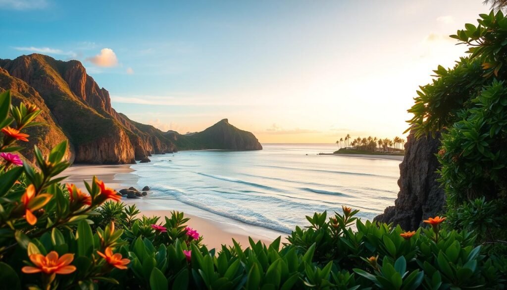 A stunning view of the Bukit Peninsula in Nusa Dua, showcasing dramatic cliffs that overlook pristine sandy beaches. In the foreground, lush greenery with tropical plants and vibrant flowers frames the scene. The middle ground features the majestic cliffs rising sharply, with soft waves lapping at the shore. In the background, a clear blue sky transitions into a gentle sunset, casting warm golden light and creating a serene atmosphere. Emphasize the tranquil waters reflecting the colorful sky, with a distant view of elegant beachfront resorts nestled among palm trees. The composition should evoke a sense of relaxation and natural beauty, capturing the essence of Nusa Dua’s idyllic coastline. A stunning view of the Bukit Peninsula in Nusa Dua, showcasing dramatic cliffs that overlook pristine sandy beaches. In the foreground, lush greenery with tropical plants and vibrant flowers frames the scene. The middle ground features the majestic cliffs rising sharply, with soft waves lapping at the shore. In the background, a clear blue sky transitions into a gentle sunset, casting warm golden light and creating a serene atmosphere. Emphasize the tranquil waters reflecting the colorful sky, with a distant view of elegant beachfront resorts nestled among palm trees. The composition should evoke a sense of relaxation and natural beauty, capturing the essence of Nusa Dua’s idyllic coastline.