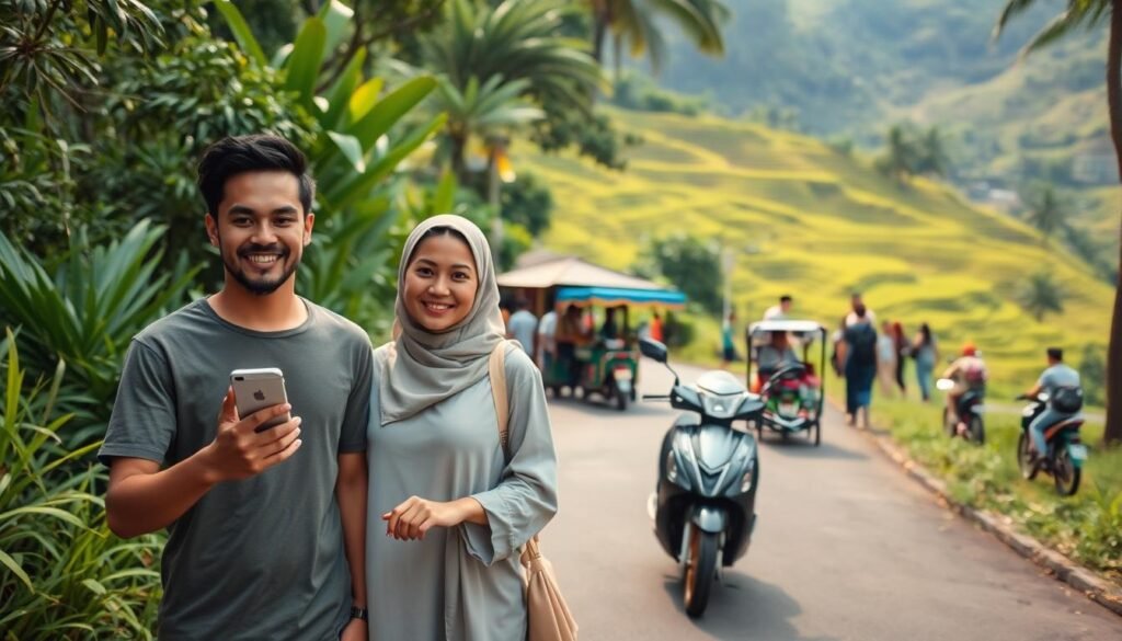 A tranquil pathway through lush greenery, showcasing various modes of transportation in Bali. In the foreground, a smiling young couple dressed in casual, modest clothing holds a smartphone, using navigation apps to explore nearby attractions. In the middle ground, a traditional Balinese scooter and a colorful bemo (local transport) are parked. Meanwhile, a vibrant market scene bustles with locals and tourists, exchanging smiles and goods. In the background, stunning rice terraces cascade down the hillside, bathed in soft, golden morning light. The atmosphere is serene yet lively, capturing the essence of stress-free travel in Bali, emphasizing a harmonious blend of nature and culture. The perspective is slightly elevated, providing a panoramic view of this idyllic scene. A tranquil pathway through lush greenery, showcasing various modes of transportation in Bali. In the foreground, a smiling young couple dressed in casual, modest clothing holds a smartphone, using navigation apps to explore nearby attractions. In the middle ground, a traditional Balinese scooter and a colorful bemo (local transport) are parked. Meanwhile, a vibrant market scene bustles with locals and tourists, exchanging smiles and goods. In the background, stunning rice terraces cascade down the hillside, bathed in soft, golden morning light. The atmosphere is serene yet lively, capturing the essence of stress-free travel in Bali, emphasizing a harmonious blend of nature and culture. The perspective is slightly elevated, providing a panoramic view of this idyllic scene.