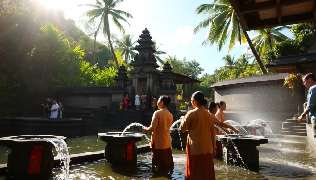 A tranquil scene at Tirta Empul Water Temple in Bali, showcasing the sacred purification ritual. In the foreground, several individuals dressed in modest traditional Balinese attire, including sarongs and kebayas, are seen participating in the ceremony, gently splashing water from the temple's ornate stone fountains. The middle ground features lush green foliage and intricately carved stone structures adorned with offerings, emphasizing the spiritual atmosphere. In the background, towering coconut trees and a bright blue sky filter sunlight, casting warm, inviting light across the scene. The image conveys a serene and respectful mood, capturing the essence of this sacred site and the cultural significance of the ritual. The composition emphasizes depth with a slightly elevated angle that highlights the details of the water temple and its surroundings. A tranquil scene at Tirta Empul Water Temple in Bali, showcasing the sacred purification ritual. In the foreground, several individuals dressed in modest traditional Balinese attire, including sarongs and kebayas, are seen participating in the ceremony, gently splashing water from the temple's ornate stone fountains. The middle ground features lush green foliage and intricately carved stone structures adorned with offerings, emphasizing the spiritual atmosphere. In the background, towering coconut trees and a bright blue sky filter sunlight, casting warm, inviting light across the scene. The image conveys a serene and respectful mood, capturing the essence of this sacred site and the cultural significance of the ritual. The composition emphasizes depth with a slightly elevated angle that highlights the details of the water temple and its surroundings.