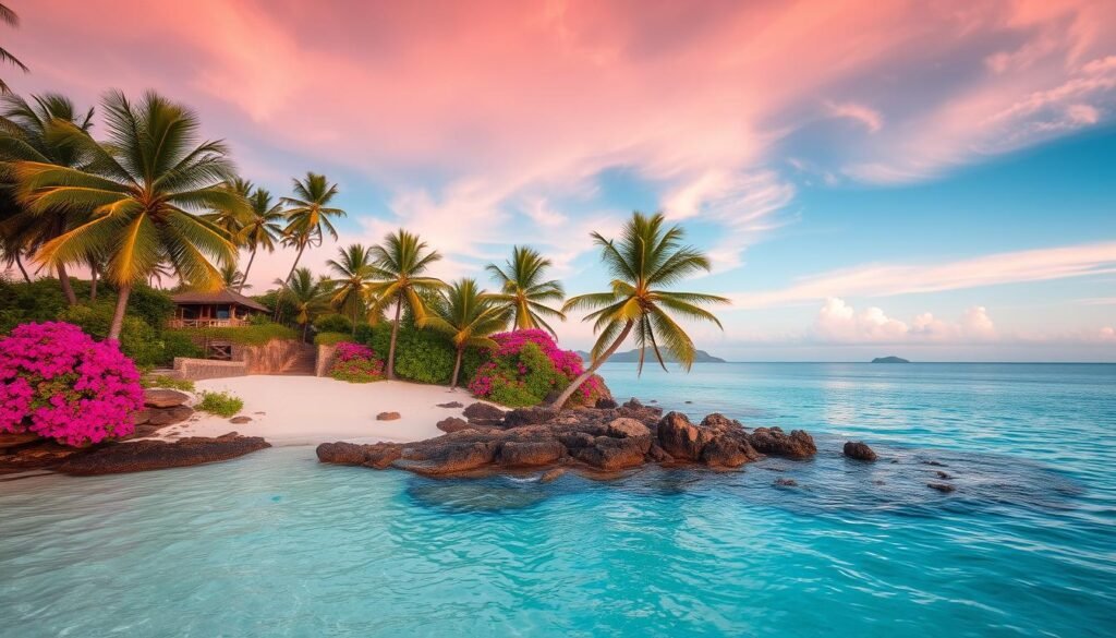 A tranquil tropical scene depicting the lush landscapes of Nusa Lembongan and Nusa Ceningan islands in Bali. In the foreground, crystal-clear turquoise waters gently lap against a pristine white sandy beach, dotted with vibrant green palm trees swaying in a warm breeze. The middle ground showcases scenic cliffs with bright bougainvillea cascading down, leading to panoramic views of the ocean. In the background, the sky is painted in soft pastel hues of orange and pink during a stunning sunset, reflecting off the water's surface. The atmosphere is serene and idyllic, inviting a sense of relaxation and escape. Use a wide-angle lens to capture the expansive views, with soft, golden lighting to enhance the tranquil mood of this beautiful island paradise. A tranquil tropical scene depicting the lush landscapes of Nusa Lembongan and Nusa Ceningan islands in Bali. In the foreground, crystal-clear turquoise waters gently lap against a pristine white sandy beach, dotted with vibrant green palm trees swaying in a warm breeze. The middle ground showcases scenic cliffs with bright bougainvillea cascading down, leading to panoramic views of the ocean. In the background, the sky is painted in soft pastel hues of orange and pink during a stunning sunset, reflecting off the water's surface. The atmosphere is serene and idyllic, inviting a sense of relaxation and escape. Use a wide-angle lens to capture the expansive views, with soft, golden lighting to enhance the tranquil mood of this beautiful island paradise.