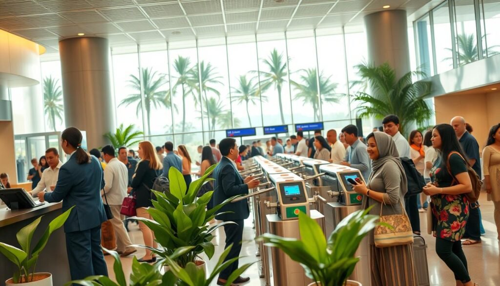 A vibrant Bali airport scene filled with travelers and airport staff, capturing the essence of a tropical paradise. In the foreground, a diverse group of tourists in professional business attire and modest casual clothing check in at a sleek counter, surrounded by lush potted plants typical of Bali's landscape. In the middle ground, a modern autogate equipped with biometric scanners is busy with passengers moving through efficiently, while friendly airport staff assist travelers with friendly smiles. The background features large windows showcasing the bright tropical sun illuminating palm trees outside. Soft, warm lighting creates an inviting and cheerful atmosphere, highlighting the excitement of travel. The angle is a slightly elevated viewpoint, providing a comprehensive view of the bustling airport environment. A vibrant Bali airport scene filled with travelers and airport staff, capturing the essence of a tropical paradise. In the foreground, a diverse group of tourists in professional business attire and modest casual clothing check in at a sleek counter, surrounded by lush potted plants typical of Bali's landscape. In the middle ground, a modern autogate equipped with biometric scanners is busy with passengers moving through efficiently, while friendly airport staff assist travelers with friendly smiles. The background features large windows showcasing the bright tropical sun illuminating palm trees outside. Soft, warm lighting creates an inviting and cheerful atmosphere, highlighting the excitement of travel. The angle is a slightly elevated viewpoint, providing a comprehensive view of the bustling airport environment.