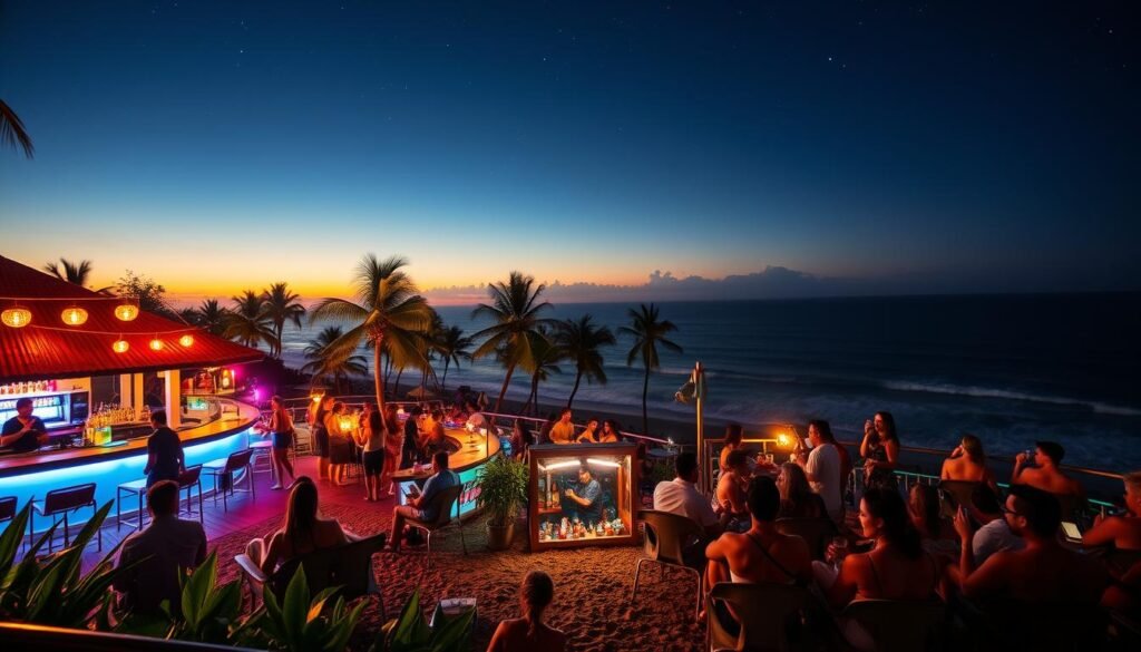 A vibrant Bali nightlife scene overlooking the ocean, with lively beach clubs and bars illuminated with colorful LED lights and lanterns. In the foreground, groups of friends in casual yet stylish attire relax on beach chairs, enjoying drinks and laughter, surrounded by lush tropical plants. The middle ground features a busy outdoor bar with shimmering reflections on the water, where bartenders mix cocktails. The background showcases a stunning sunset over the ocean, casting a golden glow on the waves, while silhouette palm trees sway gently in the breeze. The scene is captured in a wide-angle view to emphasize the lively atmosphere and enchanting vibes of Bali after dark, all under a clear starry sky with soft, warm lighting to enhance the inviting mood. A vibrant Bali nightlife scene overlooking the ocean, with lively beach clubs and bars illuminated with colorful LED lights and lanterns. In the foreground, groups of friends in casual yet stylish attire relax on beach chairs, enjoying drinks and laughter, surrounded by lush tropical plants. The middle ground features a busy outdoor bar with shimmering reflections on the water, where bartenders mix cocktails. The background showcases a stunning sunset over the ocean, casting a golden glow on the waves, while silhouette palm trees sway gently in the breeze. The scene is captured in a wide-angle view to emphasize the lively atmosphere and enchanting vibes of Bali after dark, all under a clear starry sky with soft, warm lighting to enhance the inviting mood.