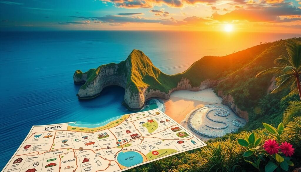 A vibrant and detailed illustration of a beach map showcasing the stunning cliffs, golden sandy beaches, and popular beach clubs of Uluwatu. In the foreground, include a beautifully designed map featuring hand-drawn elements like icons for beach activities, dining spots, and sunset viewpoints, all embellished with tropical motifs. In the middle ground, depict lush green cliffs with the azure ocean reflecting the sun's golden hue, highlighting the breathtaking natural landscape. In the background, a picturesque sunset casts a warm glow over the scene, enhancing the tranquil atmosphere. The lighting should be soft and inviting, reminiscent of the golden hour, while the perspective should evoke a sense of adventure, encouraging viewers to explore the wonders of Uluwatu. A vibrant and detailed illustration of a beach map showcasing the stunning cliffs, golden sandy beaches, and popular beach clubs of Uluwatu. In the foreground, include a beautifully designed map featuring hand-drawn elements like icons for beach activities, dining spots, and sunset viewpoints, all embellished with tropical motifs. In the middle ground, depict lush green cliffs with the azure ocean reflecting the sun's golden hue, highlighting the breathtaking natural landscape. In the background, a picturesque sunset casts a warm glow over the scene, enhancing the tranquil atmosphere. The lighting should be soft and inviting, reminiscent of the golden hour, while the perspective should evoke a sense of adventure, encouraging viewers to explore the wonders of Uluwatu.