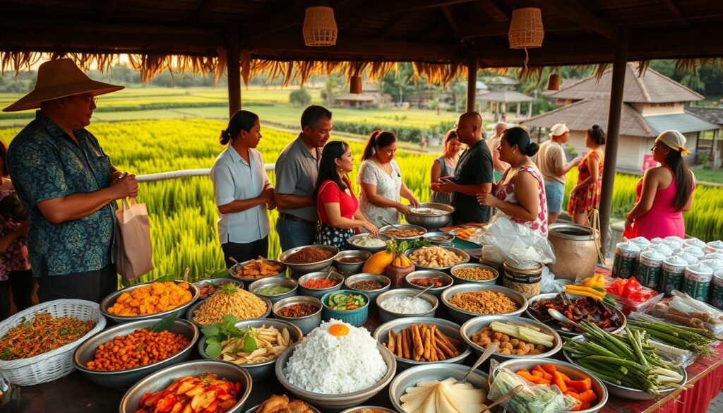 A vibrant and inviting scene of a local Balinese food market, showcasing a variety of traditional dishes, colorful spices, and fresh ingredients. In the foreground, a beautifully arranged table features local delicacies like Nasi Goreng, Satay, and Gado-Gado, garnished with fresh herbs. In the middle, bustling vendors interact with friendly customers, both dressed in modest, casual clothing, creating a warm and inviting atmosphere. The background reveals lush green rice paddies and traditional Balinese architecture, bathed in soft, golden sunset lighting to evoke a sense of tranquility and cultural richness. The overall mood is lively yet serene, reflecting the essence of Bali’s culinary delights. Use a wide-angle lens to capture the full vibrancy of the scene. A vibrant and inviting scene of a local Balinese food market, showcasing a variety of traditional dishes, colorful spices, and fresh ingredients. In the foreground, a beautifully arranged table features local delicacies like Nasi Goreng, Satay, and Gado-Gado, garnished with fresh herbs. In the middle, bustling vendors interact with friendly customers, both dressed in modest, casual clothing, creating a warm and inviting atmosphere. The background reveals lush green rice paddies and traditional Balinese architecture, bathed in soft, golden sunset lighting to evoke a sense of tranquility and cultural richness. The overall mood is lively yet serene, reflecting the essence of Bali’s culinary delights. Use a wide-angle lens to capture the full vibrancy of the scene.