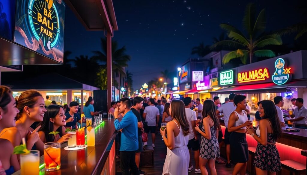 A vibrant and lively nightlife scene in Bali, capturing the essence of legal drinking age culture. In the foreground, a group of young adults dressed in stylish but modest casual clothing enjoying drinks at a modern outdoor bar, illuminated by soft, colorful lighting. In the middle ground, various patrons mingle, showcasing diverse interactions and laughter, with bar counters adorned with exotic cocktails and tropical garnishes. The background features a bustling Bali street lined with lively bars and nightclubs, accented with neon lights against a starry sky, creating an inviting atmosphere. The perspective is shot at a slight angle to capture the energy of the scene, with a focus on warm color tones that convey excitement and safety in nightlife. A vibrant and lively nightlife scene in Bali, capturing the essence of legal drinking age culture. In the foreground, a group of young adults dressed in stylish but modest casual clothing enjoying drinks at a modern outdoor bar, illuminated by soft, colorful lighting. In the middle ground, various patrons mingle, showcasing diverse interactions and laughter, with bar counters adorned with exotic cocktails and tropical garnishes. The background features a bustling Bali street lined with lively bars and nightclubs, accented with neon lights against a starry sky, creating an inviting atmosphere. The perspective is shot at a slight angle to capture the energy of the scene, with a focus on warm color tones that convey excitement and safety in nightlife.