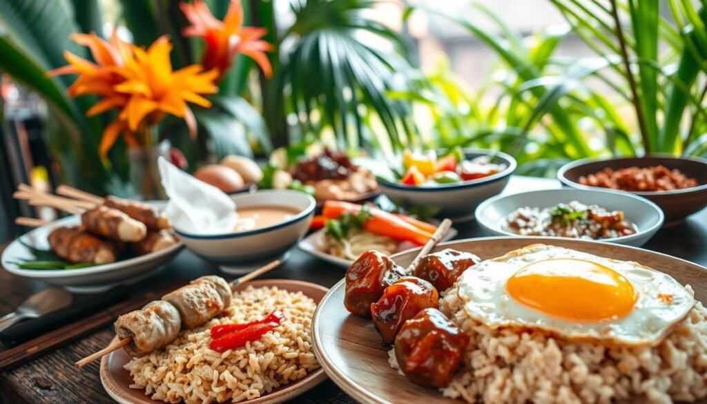 A vibrant arrangement of traditional Balinese food on a rustic wooden table, showcasing a variety of colorful dishes. In the foreground, there’s a plate of Nasi Goreng topped with a fried egg, accompanied by satay skewers and fresh sambal. The middle ground features a bowl of Sate Lilit, with finely minced fish wrapped around lemongrass sticks, and a serving of Gado-Gado, spanning with fresh vegetables and peanut sauce. In the background, lush tropical plants sway gently, hinting at Bali’s warm climate. The image captures soft, natural lighting, with a shallow depth of field that blurs the background, emphasizing the food radiant with colors. The overall mood is inviting and vibrant, immersing the viewer in the culinary treasures of Denpasar, perfect for anyone seeking an authentic Balinese dining experience. A vibrant arrangement of traditional Balinese food on a rustic wooden table, showcasing a variety of colorful dishes. In the foreground, there’s a plate of Nasi Goreng topped with a fried egg, accompanied by satay skewers and fresh sambal. The middle ground features a bowl of Sate Lilit, with finely minced fish wrapped around lemongrass sticks, and a serving of Gado-Gado, spanning with fresh vegetables and peanut sauce. In the background, lush tropical plants sway gently, hinting at Bali’s warm climate. The image captures soft, natural lighting, with a shallow depth of field that blurs the background, emphasizing the food radiant with colors. The overall mood is inviting and vibrant, immersing the viewer in the culinary treasures of Denpasar, perfect for anyone seeking an authentic Balinese dining experience.