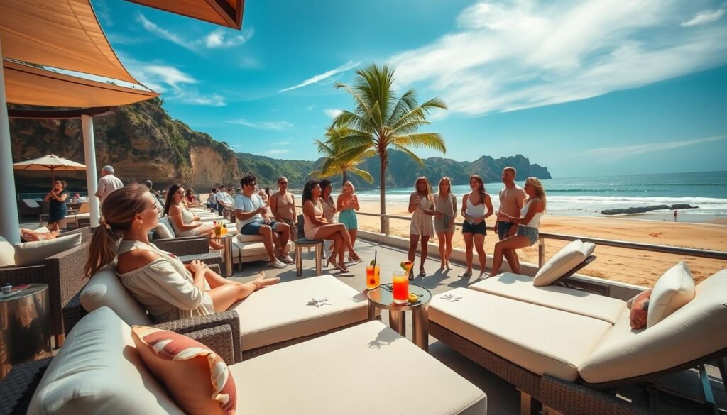 A vibrant beach club scene in Uluwatu, featuring a stylish outdoor lounge area with comfortable seating and elegant decor. In the foreground, plush, white sun loungers and small tables hold refreshing cocktails adorned with fruit garnishes. In the middle ground, a lively group of diverse friends wearing modest casual clothing enjoy their time, laughing and sharing stories. The backdrop showcases golden sandy beaches and dramatic cliffs under a bright blue sky, with gently swaying palm trees creating a tropical atmosphere. Soft, warm sunlight casts inviting shadows, enhancing the relaxed mood of the setting. Capture this idyllic moment with a wide-angle lens to emphasize the spaciousness and leisure vibe of the beach club. A vibrant beach club scene in Uluwatu, featuring a stylish outdoor lounge area with comfortable seating and elegant decor. In the foreground, plush, white sun loungers and small tables hold refreshing cocktails adorned with fruit garnishes. In the middle ground, a lively group of diverse friends wearing modest casual clothing enjoy their time, laughing and sharing stories. The backdrop showcases golden sandy beaches and dramatic cliffs under a bright blue sky, with gently swaying palm trees creating a tropical atmosphere. Soft, warm sunlight casts inviting shadows, enhancing the relaxed mood of the setting. Capture this idyllic moment with a wide-angle lens to emphasize the spaciousness and leisure vibe of the beach club.