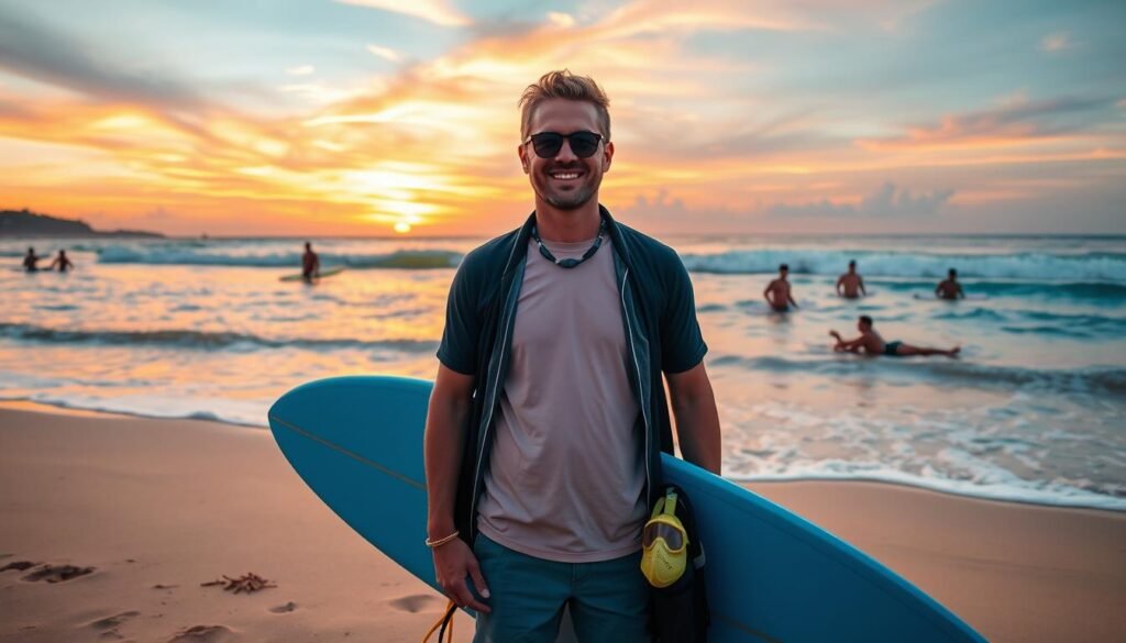 A vibrant beach guide standing confidently on a golden sandy beach at sunset, surrounded by breathtaking scenery. In the foreground, the guide is dressed in professional and modest casual attire, holding a surfboard and snorkeling gear, embodying expertise and excitement. In the middle ground, the gentle waves lap at the shore, with a few surfers riding the waves and others snorkeling in crystal-clear water. The background features a stunning sunset, casting warm hues of orange, pink, and purple across the sky, reflected in the water. The lens captures a wide angle, highlighting the dynamic atmosphere, with soft, diffused lighting that enhances the tranquil yet adventurous mood of Bali's beaches. No people or watermarks in the image. A vibrant beach guide standing confidently on a golden sandy beach at sunset, surrounded by breathtaking scenery. In the foreground, the guide is dressed in professional and modest casual attire, holding a surfboard and snorkeling gear, embodying expertise and excitement. In the middle ground, the gentle waves lap at the shore, with a few surfers riding the waves and others snorkeling in crystal-clear water. The background features a stunning sunset, casting warm hues of orange, pink, and purple across the sky, reflected in the water. The lens captures a wide angle, highlighting the dynamic atmosphere, with soft, diffused lighting that enhances the tranquil yet adventurous mood of Bali's beaches. No people or watermarks in the image.