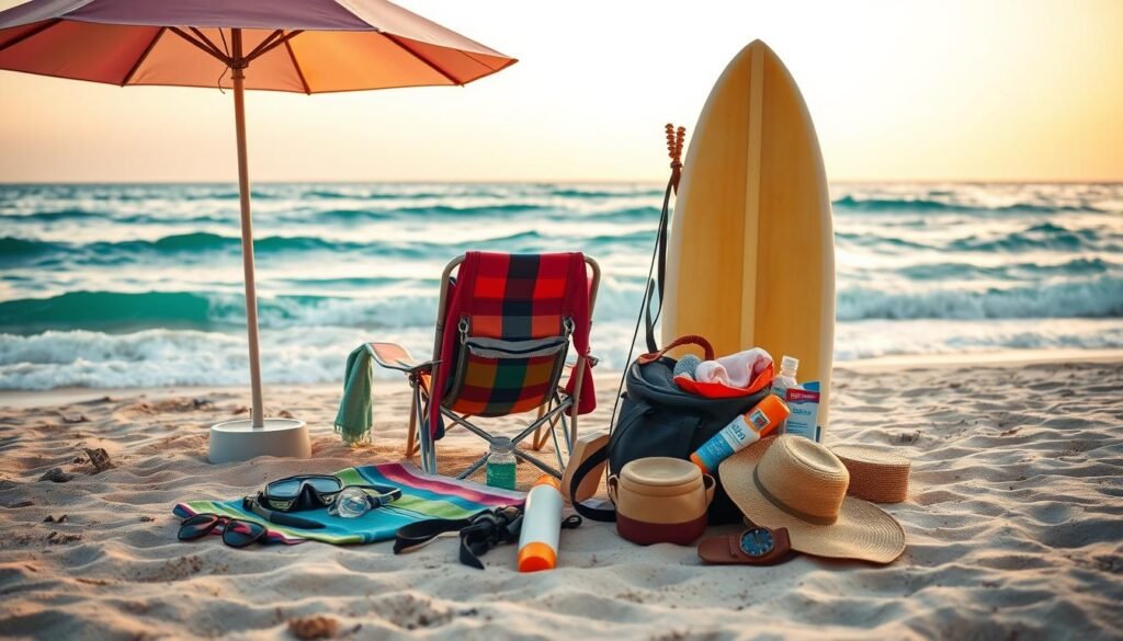A vibrant beach scene featuring an array of essential beach gear and travel accessories arranged on a sandy shore. In the foreground, showcase a stylish beach umbrella, a foldable lounge chair, a colorful beach towel, snorkeling gear, and a surfboard propped up. The middle ground reveals a beach bag overflowing with sunscreen, a hat, and a water bottle. The background portrays the gentle waves of the turquoise ocean under a warm, golden sunset, casting a soft glow over the scene. Use soft, natural lighting to enhance the tranquil atmosphere, captured with a wide-angle lens to encompass the beach's expansive beauty. Aim for a serene, inviting mood that highlights preparation for a perfect beach day in Bali. A vibrant beach scene featuring an array of essential beach gear and travel accessories arranged on a sandy shore. In the foreground, showcase a stylish beach umbrella, a foldable lounge chair, a colorful beach towel, snorkeling gear, and a surfboard propped up. The middle ground reveals a beach bag overflowing with sunscreen, a hat, and a water bottle. The background portrays the gentle waves of the turquoise ocean under a warm, golden sunset, casting a soft glow over the scene. Use soft, natural lighting to enhance the tranquil atmosphere, captured with a wide-angle lens to encompass the beach's expansive beauty. Aim for a serene, inviting mood that highlights preparation for a perfect beach day in Bali.