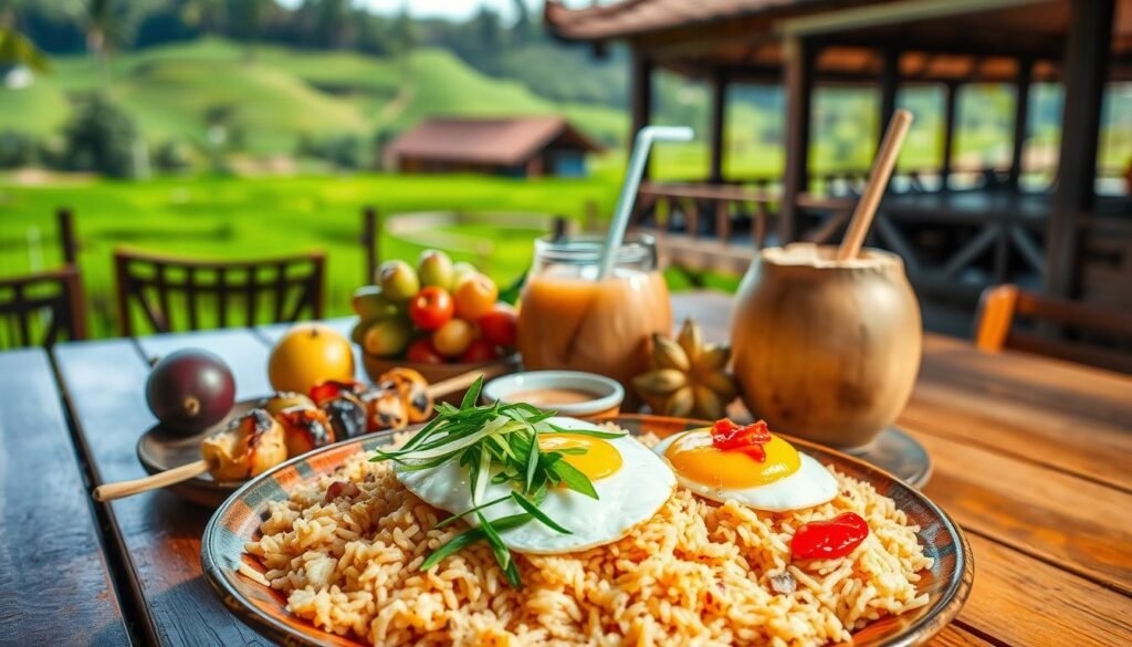 A vibrant, colorful spread of traditional Balinese food arranged on a wooden table. In the foreground, a beautifully plated serving of Nasi Goreng, garnished with a fried egg, spring onions, and sambal, is flanked by fresh grilled satay skewers and a small bowl of peanut sauce. In the middle ground, tropical fruits like mangosteen and rambutan are artistically displayed, alongside a refreshing coconut drink with a straw. The background showcases lush green rice paddies and traditional Balinese architecture, bathed in warm, natural sunlight. Capture the ambiance of an inviting outdoor dining experience, evoking a relaxed yet vibrant mood, utilizing a soft focus to isolate the food while highlighting the enticing colors and textures. The angle should be slightly elevated to showcase the inviting arrangement. A vibrant, colorful spread of traditional Balinese food arranged on a wooden table. In the foreground, a beautifully plated serving of Nasi Goreng, garnished with a fried egg, spring onions, and sambal, is flanked by fresh grilled satay skewers and a small bowl of peanut sauce. In the middle ground, tropical fruits like mangosteen and rambutan are artistically displayed, alongside a refreshing coconut drink with a straw. The background showcases lush green rice paddies and traditional Balinese architecture, bathed in warm, natural sunlight. Capture the ambiance of an inviting outdoor dining experience, evoking a relaxed yet vibrant mood, utilizing a soft focus to isolate the food while highlighting the enticing colors and textures. The angle should be slightly elevated to showcase the inviting arrangement.