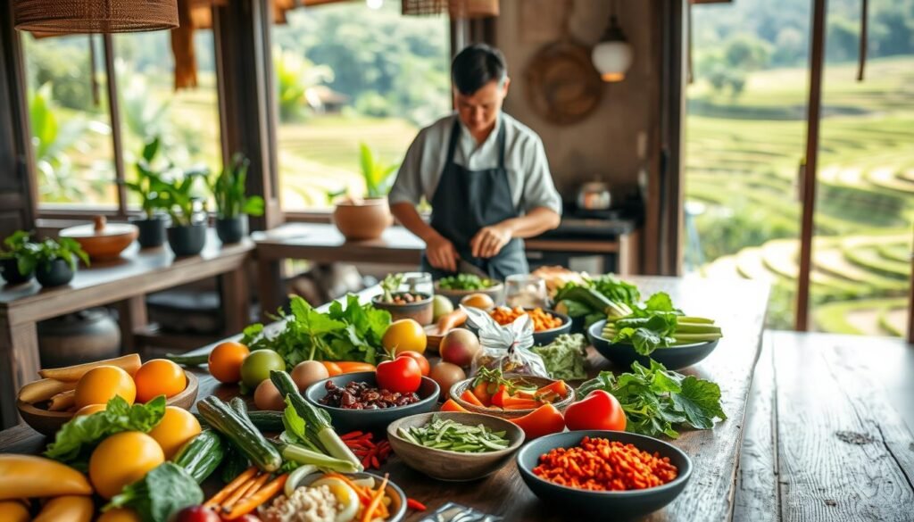 A vibrant cooking class scene set in a traditional Ubud kitchen, with fresh ingredients artfully arranged on a rustic wooden table. In the foreground, various colorful fruits, vegetables, and spices are neatly displayed, highlighting the essence of Balinese cuisine. In the middle ground, a skilled chef, dressed in modest casual clothing, expertly prepares a dish, their hands skillfully chopping herbs. In the background, lush greenery and glimpses of rice terraces create a serene and inviting atmosphere. Soft, natural light filters through open windows, casting warm shadows and highlighting the textures of the ingredients and furnishings. The overall mood is cozy, educational, and culturally rich, embodying the soul of Ubud through food. A vibrant cooking class scene set in a traditional Ubud kitchen, with fresh ingredients artfully arranged on a rustic wooden table. In the foreground, various colorful fruits, vegetables, and spices are neatly displayed, highlighting the essence of Balinese cuisine. In the middle ground, a skilled chef, dressed in modest casual clothing, expertly prepares a dish, their hands skillfully chopping herbs. In the background, lush greenery and glimpses of rice terraces create a serene and inviting atmosphere. Soft, natural light filters through open windows, casting warm shadows and highlighting the textures of the ingredients and furnishings. The overall mood is cozy, educational, and culturally rich, embodying the soul of Ubud through food.