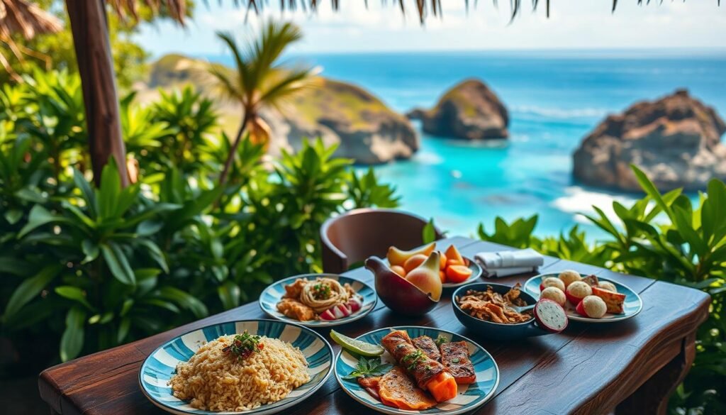 A vibrant culinary scene on Nusa Penida, showcasing a beautifully arranged table of traditional Balinese dishes. In the foreground, a hand-carved wooden table is adorned with colorful plates featuring Nasi Goreng, Satay, and fresh tropical fruits like mangosteen and dragon fruit, all artistically presented. In the middle ground, lush green foliage surrounds the dining area, hinting at the island's natural beauty. The background reveals the glistening blue ocean and rugged cliffs typical of Nusa Penida's coastline under a bright, sunny sky. Soft, warm light enhances the inviting atmosphere, while the angle captures a slight overhead view to highlight the vibrant colors of the food. Overall, the scene conveys a welcoming and relaxed mood, perfect for a tropical dining experience. A vibrant culinary scene on Nusa Penida, showcasing a beautifully arranged table of traditional Balinese dishes. In the foreground, a hand-carved wooden table is adorned with colorful plates featuring Nasi Goreng, Satay, and fresh tropical fruits like mangosteen and dragon fruit, all artistically presented. In the middle ground, lush green foliage surrounds the dining area, hinting at the island's natural beauty. The background reveals the glistening blue ocean and rugged cliffs typical of Nusa Penida's coastline under a bright, sunny sky. Soft, warm light enhances the inviting atmosphere, while the angle captures a slight overhead view to highlight the vibrant colors of the food. Overall, the scene conveys a welcoming and relaxed mood, perfect for a tropical dining experience.