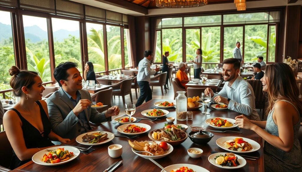A vibrant dining scene in a luxurious Bali restaurant, featuring a large wooden table elegantly set for dinner with colorful local dishes and fresh tropical fruits. In the foreground, a group of four friends, dressed in smart casual attire, is enjoying their meal, laughing and sharing plates, highlighting the social aspect of dining. In the middle ground, attentive waitstaff are seen efficiently managing various tables, with a host welcoming guests in the background. The lush greenery of the Bali landscape is visible through open windows, creating a tropical ambiance. The soft, warm lighting of the restaurant enhances the inviting atmosphere, making it feel intimate yet lively. Taken with a slightly blurred depth of field to focus on the joyous interaction at the table while still showcasing the restaurant's elegant decor. A vibrant dining scene in a luxurious Bali restaurant, featuring a large wooden table elegantly set for dinner with colorful local dishes and fresh tropical fruits. In the foreground, a group of four friends, dressed in smart casual attire, is enjoying their meal, laughing and sharing plates, highlighting the social aspect of dining. In the middle ground, attentive waitstaff are seen efficiently managing various tables, with a host welcoming guests in the background. The lush greenery of the Bali landscape is visible through open windows, creating a tropical ambiance. The soft, warm lighting of the restaurant enhances the inviting atmosphere, making it feel intimate yet lively. Taken with a slightly blurred depth of field to focus on the joyous interaction at the table while still showcasing the restaurant's elegant decor.