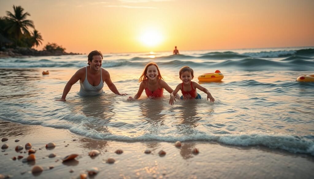 A vibrant family beach scene depicting parents and children joyfully swimming together in gentle waves at a sunny Bali beach. In the foreground, a lively group of four—two adults in modest casual attire and two children splashing in the shallow water—are captured mid-laugh. Seashells dot the sandy shore. The middle ground features soft, rolling waves with a few colorful inflatable toys bobbing in the water. In the background, the sun sets magnificently over the horizon, casting warm golden and orange hues across the sky, reflecting on the water. The atmosphere is cheerful and relaxed, with tropical palm trees swaying gently in the breeze. The image is captured from a slightly elevated angle, creating a dynamic perspective that emphasizes the beauty of the beach and the warmth of the family experience. A vibrant family beach scene depicting parents and children joyfully swimming together in gentle waves at a sunny Bali beach. In the foreground, a lively group of four—two adults in modest casual attire and two children splashing in the shallow water—are captured mid-laugh. Seashells dot the sandy shore. The middle ground features soft, rolling waves with a few colorful inflatable toys bobbing in the water. In the background, the sun sets magnificently over the horizon, casting warm golden and orange hues across the sky, reflecting on the water. The atmosphere is cheerful and relaxed, with tropical palm trees swaying gently in the breeze. The image is captured from a slightly elevated angle, creating a dynamic perspective that emphasizes the beauty of the beach and the warmth of the family experience.
