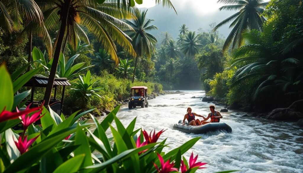 A vibrant jungle scene depicting the lush greenery of Ubud, with dense tropical trees and vibrant plants in the foreground. In the middle ground, an exhilarating whitewater rafting experience unfolds on a rushing river, with two individuals dressed in casual yet appropriate outdoor attire, joyfully navigating the rapids. An ATV is positioned nearby, surrounded by a backdrop of towering palm trees and exotic foliage. In the background, misty mountains rise dramatically, partially obscured by the dense jungle, while sunlight streams through the canopy, casting dappled shadows on the river. The atmosphere is adventurous yet serene, capturing the thrill of outdoor activities in a stunning natural setting. The perspective is slightly elevated, giving a panoramic view of the lush landscape. A vibrant jungle scene depicting the lush greenery of Ubud, with dense tropical trees and vibrant plants in the foreground. In the middle ground, an exhilarating whitewater rafting experience unfolds on a rushing river, with two individuals dressed in casual yet appropriate outdoor attire, joyfully navigating the rapids. An ATV is positioned nearby, surrounded by a backdrop of towering palm trees and exotic foliage. In the background, misty mountains rise dramatically, partially obscured by the dense jungle, while sunlight streams through the canopy, casting dappled shadows on the river. The atmosphere is adventurous yet serene, capturing the thrill of outdoor activities in a stunning natural setting. The perspective is slightly elevated, giving a panoramic view of the lush landscape.