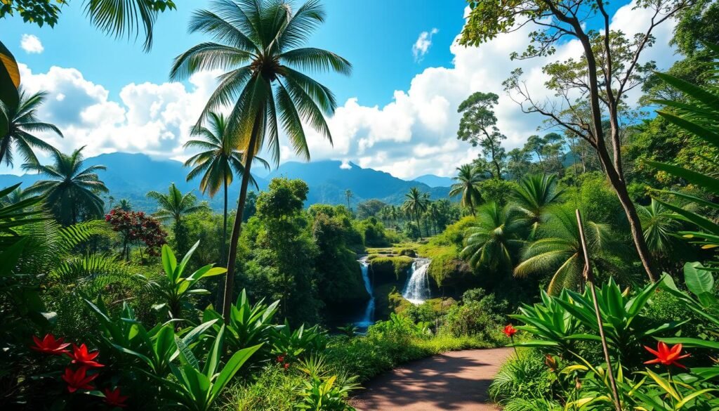 A vibrant jungle view in Bali, showcasing a lush landscape filled with dense, green vegetation, towering palm trees, and colorful tropical flowers. In the foreground, a winding path leads through the foliage, inviting exploration. The middle ground features a stunning waterfall cascading over mossy rocks, surrounded by ferns and vibrant orchids, creating a sense of serenity. In the background, layers of misty mountains rise under a clear blue sky, filled with fluffy white clouds. Soft sunlight filters through the canopy, casting dappled light on the scene, enhancing the rich colors and details. The mood is adventurous yet peaceful, perfect for inspiring outdoor activities like hiking and waterfall visits. The angle is slightly elevated, providing a panoramic view of the lush surroundings, and no people are visible in the scene. A vibrant jungle view in Bali, showcasing a lush landscape filled with dense, green vegetation, towering palm trees, and colorful tropical flowers. In the foreground, a winding path leads through the foliage, inviting exploration. The middle ground features a stunning waterfall cascading over mossy rocks, surrounded by ferns and vibrant orchids, creating a sense of serenity. In the background, layers of misty mountains rise under a clear blue sky, filled with fluffy white clouds. Soft sunlight filters through the canopy, casting dappled light on the scene, enhancing the rich colors and details. The mood is adventurous yet peaceful, perfect for inspiring outdoor activities like hiking and waterfall visits. The angle is slightly elevated, providing a panoramic view of the lush surroundings, and no people are visible in the scene.