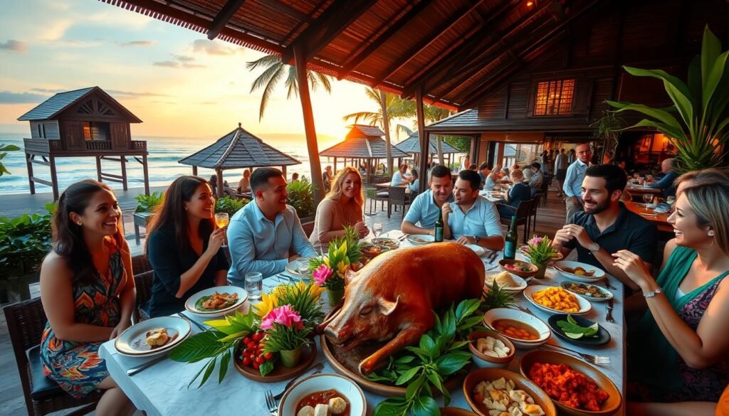 A vibrant outdoor dining scene in Seminyak, showcasing a beautifully arranged table set for a feast featuring a whole roast pig, surrounded by colorful local dishes and tropical flowers. In the foreground, a group of people dressed in smart casual attire enjoy the meal, laughing and engaging in conversation. The middle ground includes charming Balinese-style restaurants with intricate wooden designs and lush greenery. The background features a picturesque sunset, casting warm golden light across the scene, with gentle waves lapping at the nearby shoreline. The overall atmosphere is lively and inviting, perfect for a memorable dining experience in Bali. Capture this scene with a wide-angle lens to emphasize the bustling environment and the intricate details of the food and decor. A vibrant outdoor dining scene in Seminyak, showcasing a beautifully arranged table set for a feast featuring a whole roast pig, surrounded by colorful local dishes and tropical flowers. In the foreground, a group of people dressed in smart casual attire enjoy the meal, laughing and engaging in conversation. The middle ground includes charming Balinese-style restaurants with intricate wooden designs and lush greenery. The background features a picturesque sunset, casting warm golden light across the scene, with gentle waves lapping at the nearby shoreline. The overall atmosphere is lively and inviting, perfect for a memorable dining experience in Bali. Capture this scene with a wide-angle lens to emphasize the bustling environment and the intricate details of the food and decor.