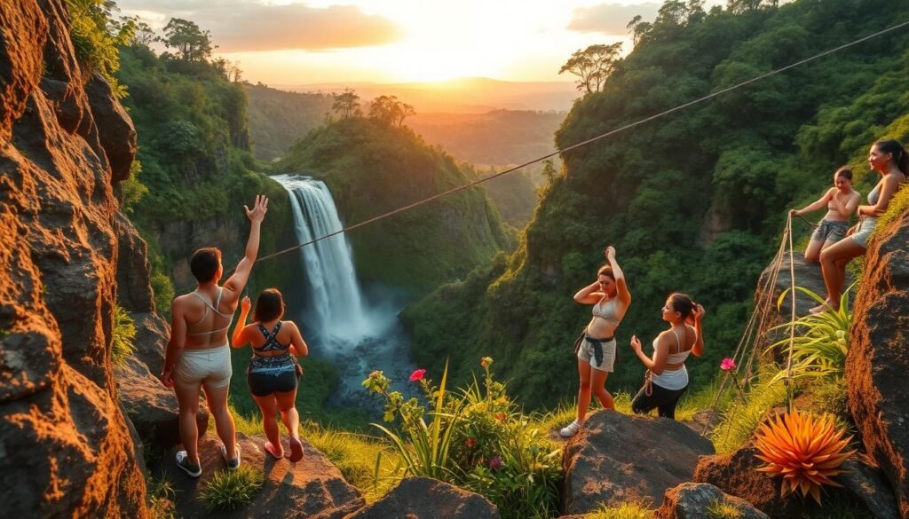 A vibrant outdoor scene in Bali capturing exhilarating activities beyond hiking trails. In the foreground, a group of adventurers in modest, casual clothing engages in thrilling activities like rock climbing and zip-lining, showcasing a sense of excitement and camaraderie. The middle ground features a breathtaking waterfall cascading down lush green rocks, while colorful tropical flowers dot the landscape. In the background, distant hills are bathed in the soft golden light of a setting sun, creating a warm and inviting atmosphere. The image is shot from a slightly elevated angle, providing a panoramic view of this adventurous paradise, emphasizing the vibrant colors and diverse textures of nature in Bali. The scene evokes a sense of freedom and adventure, perfect for inspiring outdoor exploration. A vibrant outdoor scene in Bali capturing exhilarating activities beyond hiking trails. In the foreground, a group of adventurers in modest, casual clothing engages in thrilling activities like rock climbing and zip-lining, showcasing a sense of excitement and camaraderie. The middle ground features a breathtaking waterfall cascading down lush green rocks, while colorful tropical flowers dot the landscape. In the background, distant hills are bathed in the soft golden light of a setting sun, creating a warm and inviting atmosphere. The image is shot from a slightly elevated angle, providing a panoramic view of this adventurous paradise, emphasizing the vibrant colors and diverse textures of nature in Bali. The scene evokes a sense of freedom and adventure, perfect for inspiring outdoor exploration.