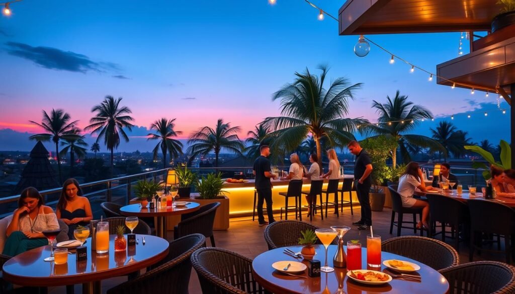 A vibrant rooftop scene in Seminyak, Bali, showcasing an upscale bar atmosphere. In the foreground, elegantly set tables with colorful cocktails and small plates entice guests. The middle ground features a chic bar with stylish bartenders in smart casual attire pouring drinks, surrounded by tropical plants and warm ambient lighting. In the background, palm trees sway gently against a twilight sky, transitioning from deep blue to soft orange hues as the sun sets. The scene is framed with modern, chic decor and subtle fairy lights that add a touch of magic. Capture this lively atmosphere from a slightly elevated angle to emphasize both the rooftop space and the beautiful Bali landscape beyond, conveying a sense of luxury and enjoyment in the heart of nightlife. A vibrant rooftop scene in Seminyak, Bali, showcasing an upscale bar atmosphere. In the foreground, elegantly set tables with colorful cocktails and small plates entice guests. The middle ground features a chic bar with stylish bartenders in smart casual attire pouring drinks, surrounded by tropical plants and warm ambient lighting. In the background, palm trees sway gently against a twilight sky, transitioning from deep blue to soft orange hues as the sun sets. The scene is framed with modern, chic decor and subtle fairy lights that add a touch of magic. Capture this lively atmosphere from a slightly elevated angle to emphasize both the rooftop space and the beautiful Bali landscape beyond, conveying a sense of luxury and enjoyment in the heart of nightlife.
