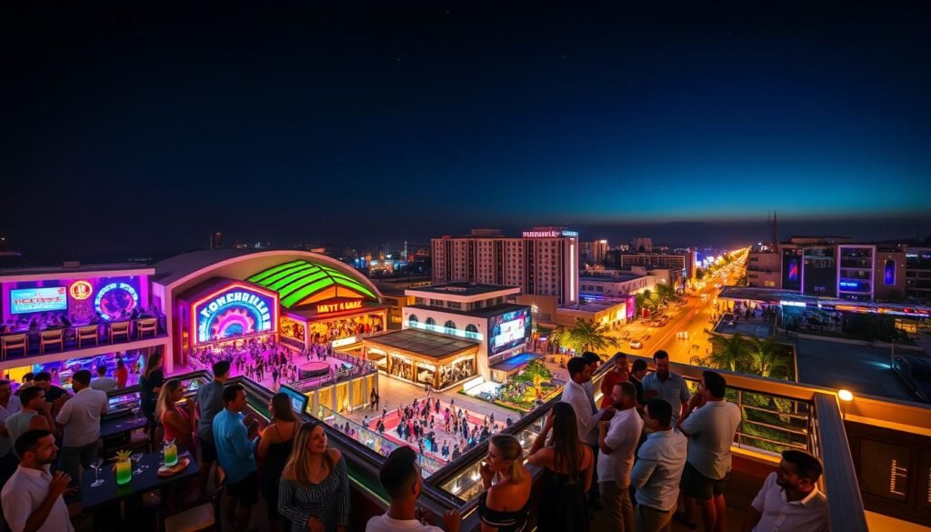 A vibrant rooftop view of Kuta at night, showcasing a lively atmosphere of the bustling nightlife. In the foreground, a stylish rooftop bar filled with guests in smart casual attire enjoying colorful cocktails and laughter. The middle ground features large, illuminated dance clubs with people dancing and enjoying themselves, while modern buildings adorned with neon lights create a dynamic urban scene. In the background, the sky transitions from deep blue to black, dotted with twinkling stars and the glow of streetlights. The image is captured with a wide-angle lens, highlighting the energetic ambiance, while warm lighting creates an inviting and fun mood, perfect for illustrating the essence of Kuta's nightlife. A vibrant rooftop view of Kuta at night, showcasing a lively atmosphere of the bustling nightlife. In the foreground, a stylish rooftop bar filled with guests in smart casual attire enjoying colorful cocktails and laughter. The middle ground features large, illuminated dance clubs with people dancing and enjoying themselves, while modern buildings adorned with neon lights create a dynamic urban scene. In the background, the sky transitions from deep blue to black, dotted with twinkling stars and the glow of streetlights. The image is captured with a wide-angle lens, highlighting the energetic ambiance, while warm lighting creates an inviting and fun mood, perfect for illustrating the essence of Kuta's nightlife.