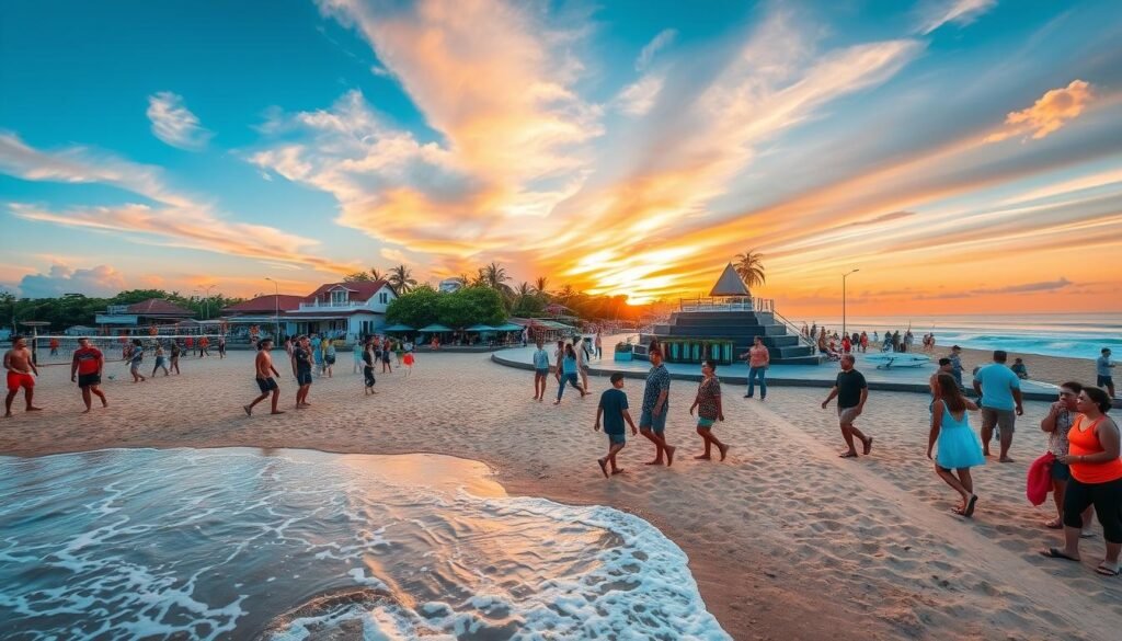 A vibrant scene at Kuta Legian Beach during golden hour, capturing the essence of Bali. In the foreground, gentle waves lap against the sandy shore, where a diverse group of people in modest casual attire enjoy the sunset, some playing beach volleyball, others walking along the water’s edge. The middle ground showcases a lively beachside promenade lined with colorful beach umbrellas, surfboards, and small shops with local artisans selling crafts. The background features a panoramic view of the ocean, basked in warm, golden sunlight, with surfers catching waves and a majestic sky painted in hues of orange and pink. The atmosphere is energetic yet relaxed, inviting viewers to experience the budget-friendly adventures that Kuta and Legian offer. Shot during the golden hour with a wide-angle lens for a dynamic perspective. A vibrant scene at Kuta Legian Beach during golden hour, capturing the essence of Bali. In the foreground, gentle waves lap against the sandy shore, where a diverse group of people in modest casual attire enjoy the sunset, some playing beach volleyball, others walking along the water’s edge. The middle ground showcases a lively beachside promenade lined with colorful beach umbrellas, surfboards, and small shops with local artisans selling crafts. The background features a panoramic view of the ocean, basked in warm, golden sunlight, with surfers catching waves and a majestic sky painted in hues of orange and pink. The atmosphere is energetic yet relaxed, inviting viewers to experience the budget-friendly adventures that Kuta and Legian offer. Shot during the golden hour with a wide-angle lens for a dynamic perspective.
