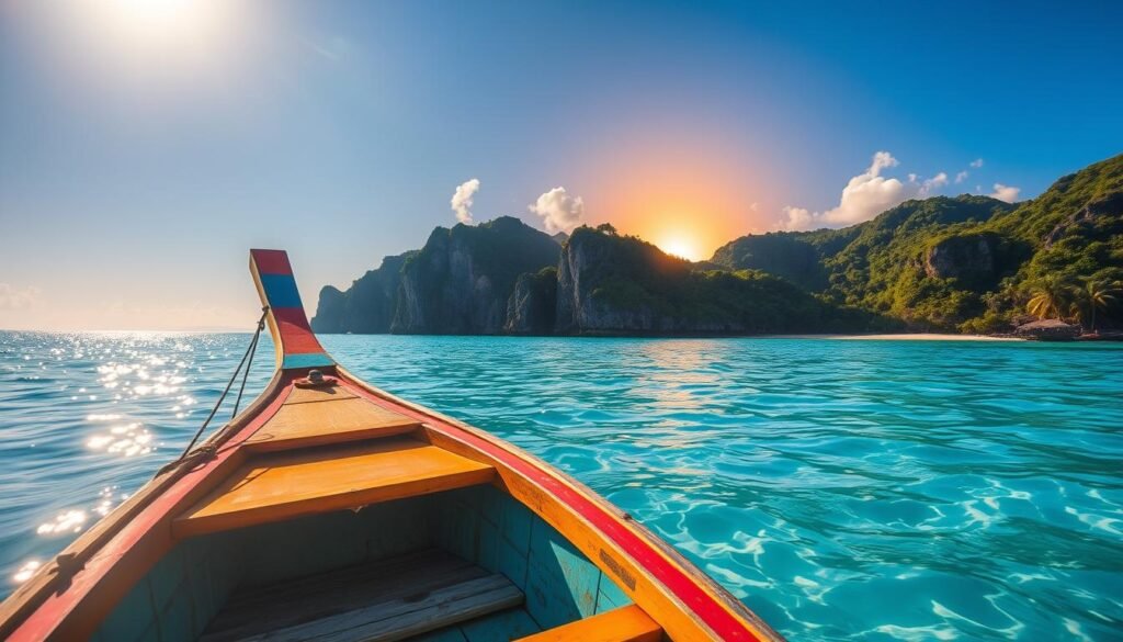 A vibrant scene capturing a traditional wooden boat commonly found in Nusa Penida, anchored gently in crystal-clear turquoise waters. In the foreground, the boat's colorful painted hull reflects the sunlight, with soft ripples creating an inviting, serene atmosphere. The middle ground features lush green cliffs and tropical foliage lining the coastline, hinting at the beautiful beaches nearby. In the background, the sun sets over the horizon, casting a warm golden glow across the sky, with a few scattered clouds enhancing the dramatic effect. The image is framed at a slight angle from the right, emphasizing the boat's details and creating depth, all while evoking a sense of adventure and tranquility, perfect for travelers seeking to explore this breathtaking island. A vibrant scene capturing a traditional wooden boat commonly found in Nusa Penida, anchored gently in crystal-clear turquoise waters. In the foreground, the boat's colorful painted hull reflects the sunlight, with soft ripples creating an inviting, serene atmosphere. The middle ground features lush green cliffs and tropical foliage lining the coastline, hinting at the beautiful beaches nearby. In the background, the sun sets over the horizon, casting a warm golden glow across the sky, with a few scattered clouds enhancing the dramatic effect. The image is framed at a slight angle from the right, emphasizing the boat's details and creating depth, all while evoking a sense of adventure and tranquility, perfect for travelers seeking to explore this breathtaking island.