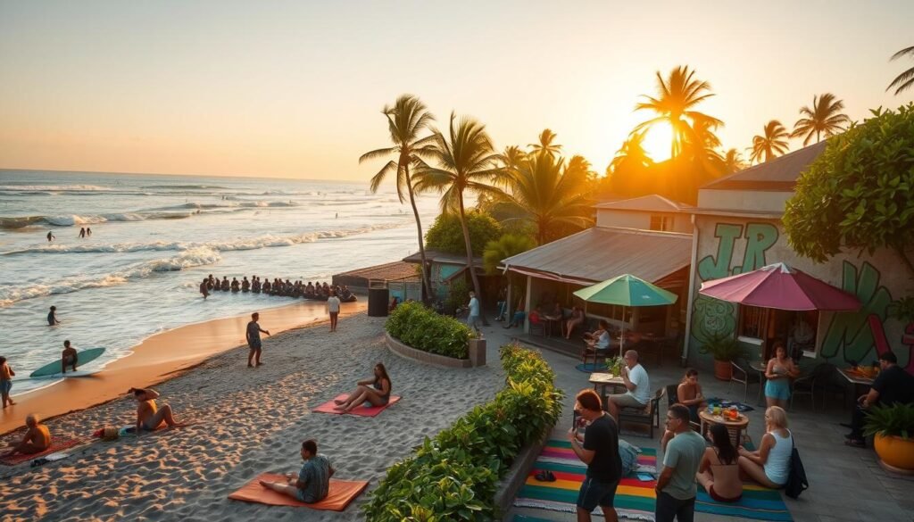 A vibrant scene capturing the essence of Canggu's surf and cafe beach. In the foreground, surfers confidently ride gentle waves, showcasing their skills against the backdrop of the shimmering ocean. Scattered beachgoers in modest casual clothing enjoy the sun, lounging on colorful beach mats. The middle ground features charming beachfront cafes with lush greenery, offering outdoor seating and colorful umbrellas, bustling with patrons sipping coffee and smoothies. Street art murals adorn the nearby walls, reflecting local culture and creativity. In the background, palm trees sway gently, and the sun sets, casting warm golden light over the lively scene, creating a relaxed, inviting atmosphere. The image should evoke a sense of adventure and community, highlighting the vibrant lifestyle of Canggu. A vibrant scene capturing the essence of Canggu's surf and cafe beach. In the foreground, surfers confidently ride gentle waves, showcasing their skills against the backdrop of the shimmering ocean. Scattered beachgoers in modest casual clothing enjoy the sun, lounging on colorful beach mats. The middle ground features charming beachfront cafes with lush greenery, offering outdoor seating and colorful umbrellas, bustling with patrons sipping coffee and smoothies. Street art murals adorn the nearby walls, reflecting local culture and creativity. In the background, palm trees sway gently, and the sun sets, casting warm golden light over the lively scene, creating a relaxed, inviting atmosphere. The image should evoke a sense of adventure and community, highlighting the vibrant lifestyle of Canggu.
