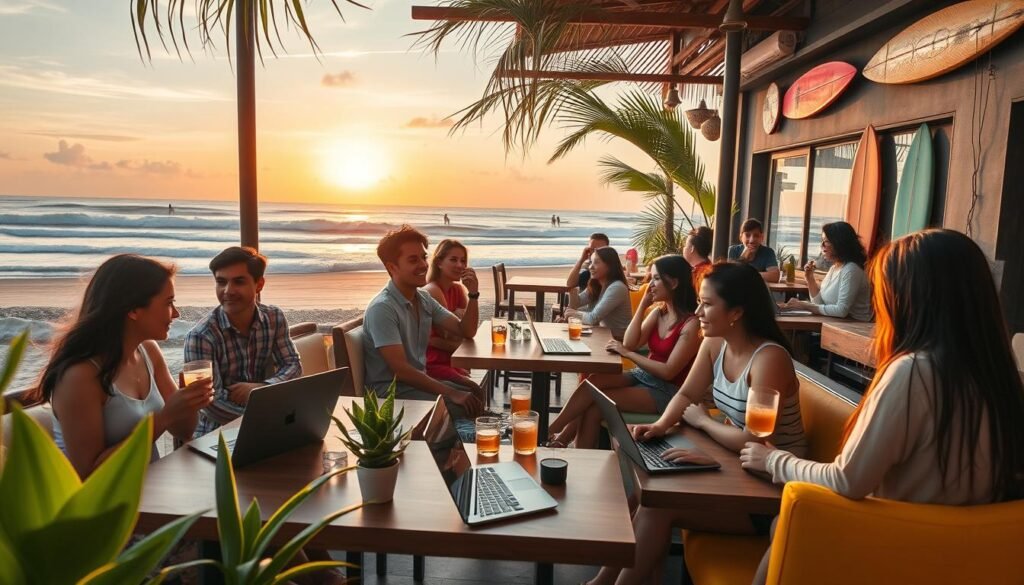 A vibrant scene depicting digital nomads in Canggu, Bali, enjoying a sunny day at a beachside café. In the foreground, a diverse group of young professionals, dressed in modest casual clothing, are working on laptops, sipping on iced coffees, and engaging in conversations. In the middle ground, the café features modern decor with tropical plants, colorful furnishings, and surfboards adorning the walls. The background reveals a stunning sunset over the ocean, with waves gently crashing on the shore and surfers in the distance. This idyllic atmosphere captures the essence of Canggu's chill surf town vibe, complemented by warm, golden lighting and a relaxed, inviting mood typical of Bali's vibrant culture. Use a wide-angle lens to encompass the lively environment while ensuring a focus on the social aspect. A vibrant scene depicting digital nomads in Canggu, Bali, enjoying a sunny day at a beachside café. In the foreground, a diverse group of young professionals, dressed in modest casual clothing, are working on laptops, sipping on iced coffees, and engaging in conversations. In the middle ground, the café features modern decor with tropical plants, colorful furnishings, and surfboards adorning the walls. The background reveals a stunning sunset over the ocean, with waves gently crashing on the shore and surfers in the distance. This idyllic atmosphere captures the essence of Canggu's chill surf town vibe, complemented by warm, golden lighting and a relaxed, inviting mood typical of Bali's vibrant culture. Use a wide-angle lens to encompass the lively environment while ensuring a focus on the social aspect.