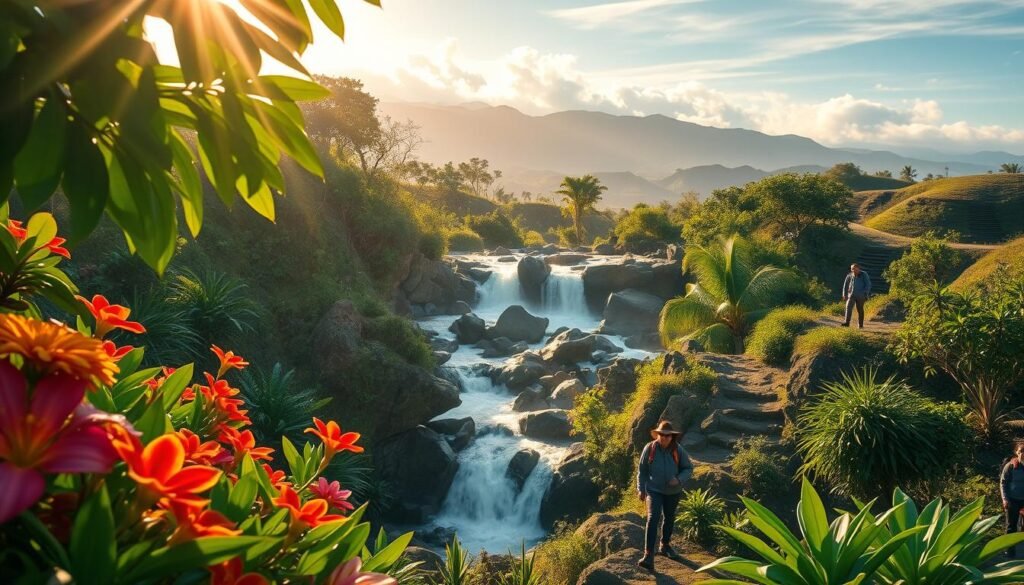 A vibrant scene depicting the essence of the seasons in Bali, showcasing a lush landscape that transitions from the rainy season to the dry season. In the foreground, a colorful array of tropical flowers and verdant foliage, expertly illuminated by soft, golden sunlight filtering through the leaves. The middle ground features a cascading waterfall surrounded by rugged rocks, with hikers in modest outdoor attire exploring the area, adding a sense of adventure and activity. In the background, rolling hills and cloud-draped mountains create a breathtaking backdrop. The lighting is warm and inviting, evoking a sense of tranquility and exploration. The overall atmosphere is lively yet serene, capturing the beauty of Bali's changing seasons. A vibrant scene depicting the essence of the seasons in Bali, showcasing a lush landscape that transitions from the rainy season to the dry season. In the foreground, a colorful array of tropical flowers and verdant foliage, expertly illuminated by soft, golden sunlight filtering through the leaves. The middle ground features a cascading waterfall surrounded by rugged rocks, with hikers in modest outdoor attire exploring the area, adding a sense of adventure and activity. In the background, rolling hills and cloud-draped mountains create a breathtaking backdrop. The lighting is warm and inviting, evoking a sense of tranquility and exploration. The overall atmosphere is lively yet serene, capturing the beauty of Bali's changing seasons.