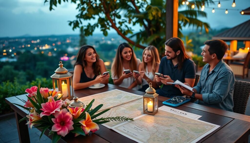 A vibrant scene depicting the planning of a night out in Bali, showcasing a chic, outdoor table at dusk. In the foreground, there’s a beautifully set table adorned with tropical flowers, dimly lit lanterns, and a detailed map of Bali nightlife spots spread out. In the middle ground, a group of casually dressed friends, smiling and engaging in conversation, with their phones and notebooks open, brainstorming their night plans. The background features an enchanting view of Bali’s lush greenery and distant nightlife elements, like illuminated clubs and bars subtly glowing under the night sky. Soft, warm lighting creates a welcoming atmosphere, emphasizing camaraderie and excitement, with a shallow depth of field focusing on the group while softly blurring the vibrant nightlife in the backdrop. A vibrant scene depicting the planning of a night out in Bali, showcasing a chic, outdoor table at dusk. In the foreground, there’s a beautifully set table adorned with tropical flowers, dimly lit lanterns, and a detailed map of Bali nightlife spots spread out. In the middle ground, a group of casually dressed friends, smiling and engaging in conversation, with their phones and notebooks open, brainstorming their night plans. The background features an enchanting view of Bali’s lush greenery and distant nightlife elements, like illuminated clubs and bars subtly glowing under the night sky. Soft, warm lighting creates a welcoming atmosphere, emphasizing camaraderie and excitement, with a shallow depth of field focusing on the group while softly blurring the vibrant nightlife in the backdrop.