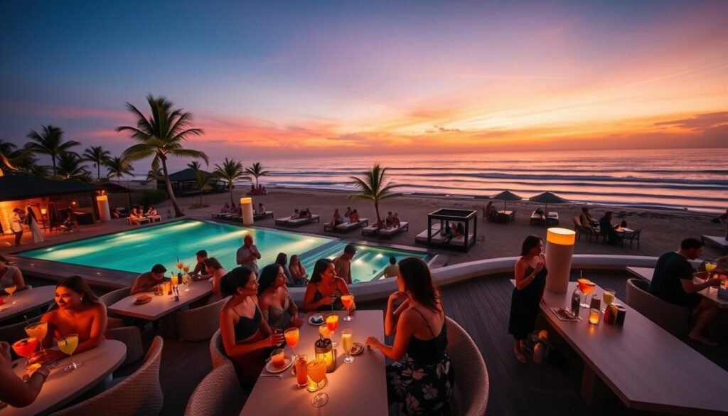 A vibrant scene of Finn's Beach in Canggu, Bali, showcasing a lively beach club atmosphere during sunset. In the foreground, a diverse group of people in stylish, modest casual clothing enjoying drinks and laughter at sleek, modern beach tables with colorful cocktails. The middle layer reveals a stunning infinity pool with ambient lighting, palm trees swaying gently, and cozy loungers filled with guests. The background features the iconic sandy beach, with waves gently lapping at the shore under a sky painted in shades of orange, pink, and purple. Soft, warm lighting creates an inviting and energetic mood, perfect for capturing the essence of Bali's nightlife. The angle is slightly elevated, providing a panoramic view that encapsulates the lively spirit of the beach club. A vibrant scene of Finn's Beach in Canggu, Bali, showcasing a lively beach club atmosphere during sunset. In the foreground, a diverse group of people in stylish, modest casual clothing enjoying drinks and laughter at sleek, modern beach tables with colorful cocktails. The middle layer reveals a stunning infinity pool with ambient lighting, palm trees swaying gently, and cozy loungers filled with guests. The background features the iconic sandy beach, with waves gently lapping at the shore under a sky painted in shades of orange, pink, and purple. Soft, warm lighting creates an inviting and energetic mood, perfect for capturing the essence of Bali's nightlife. The angle is slightly elevated, providing a panoramic view that encapsulates the lively spirit of the beach club.